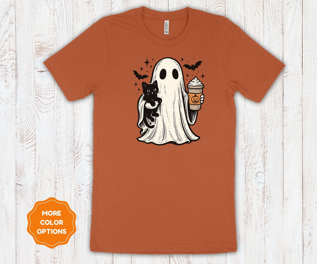 Ghost Cat Coffee Halloween Shirt | Cotton Spooky Graphic Tee