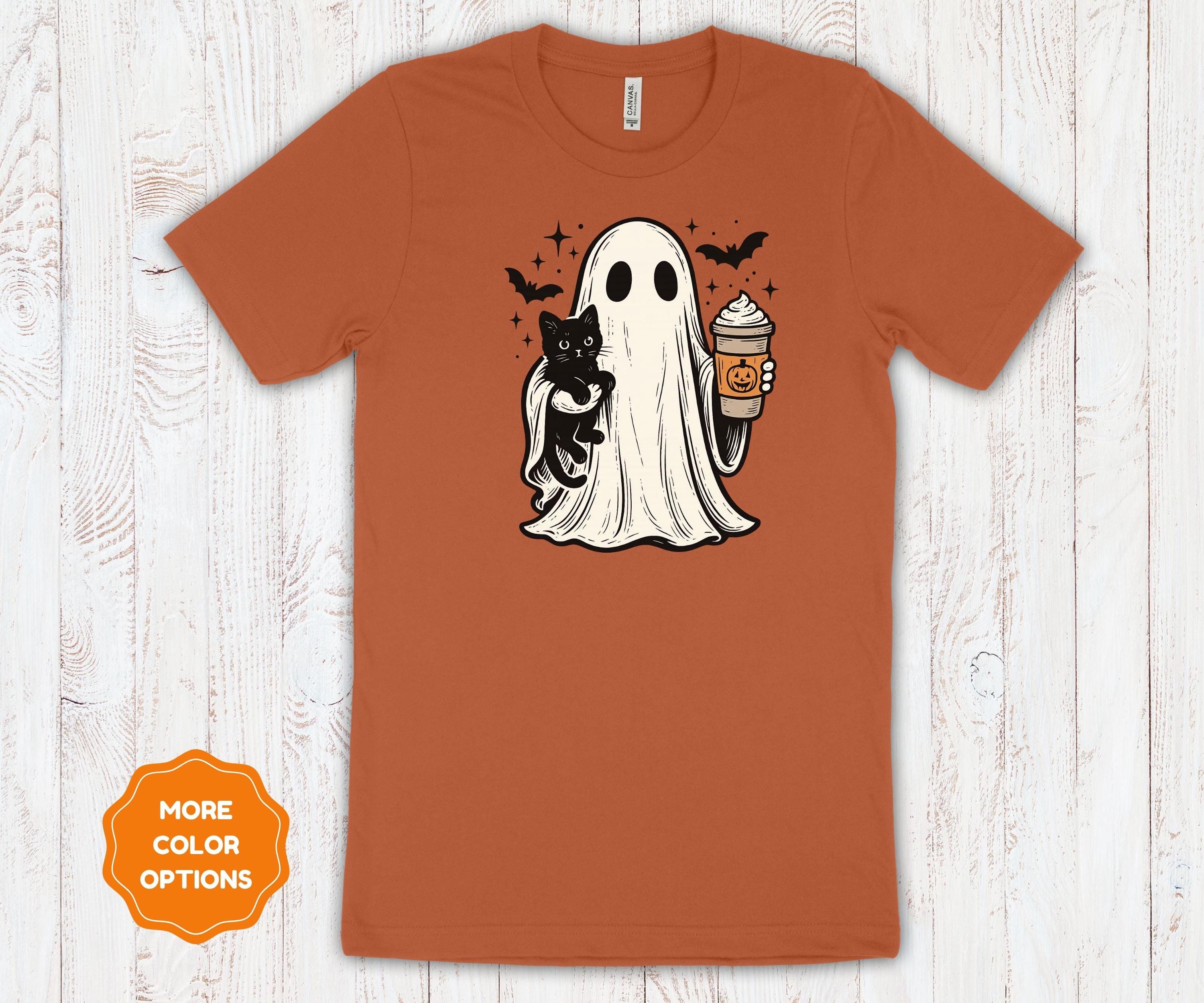 Ghost Cat Coffee Halloween Shirt | Cotton Spooky Graphic Tee