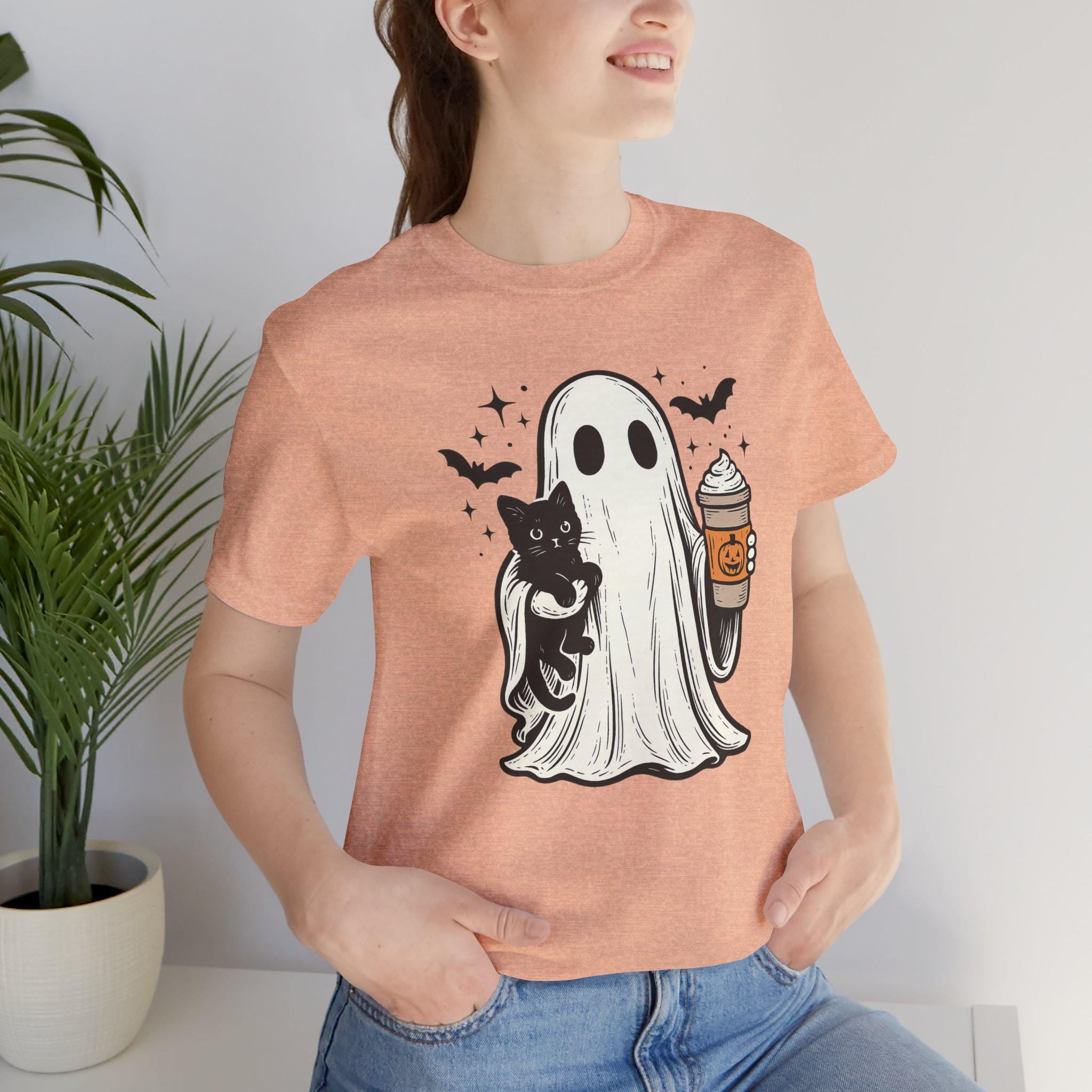Ghost Cat Coffee Halloween Shirt | Cotton Spooky Graphic Tee