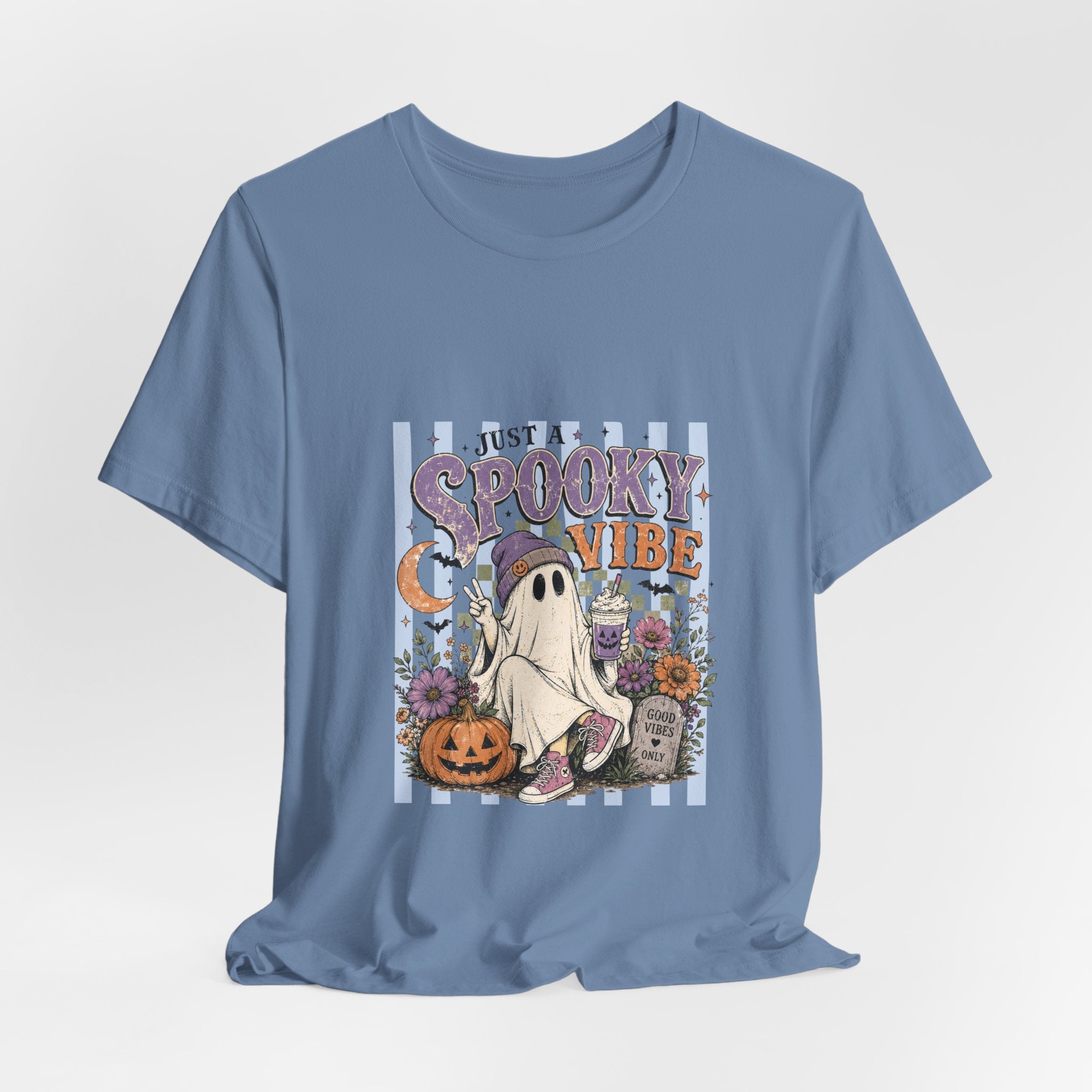 Spooky Vibe Ghost Tee — Cute Halloween Pumpkin & Graveyard Graphic Shirt