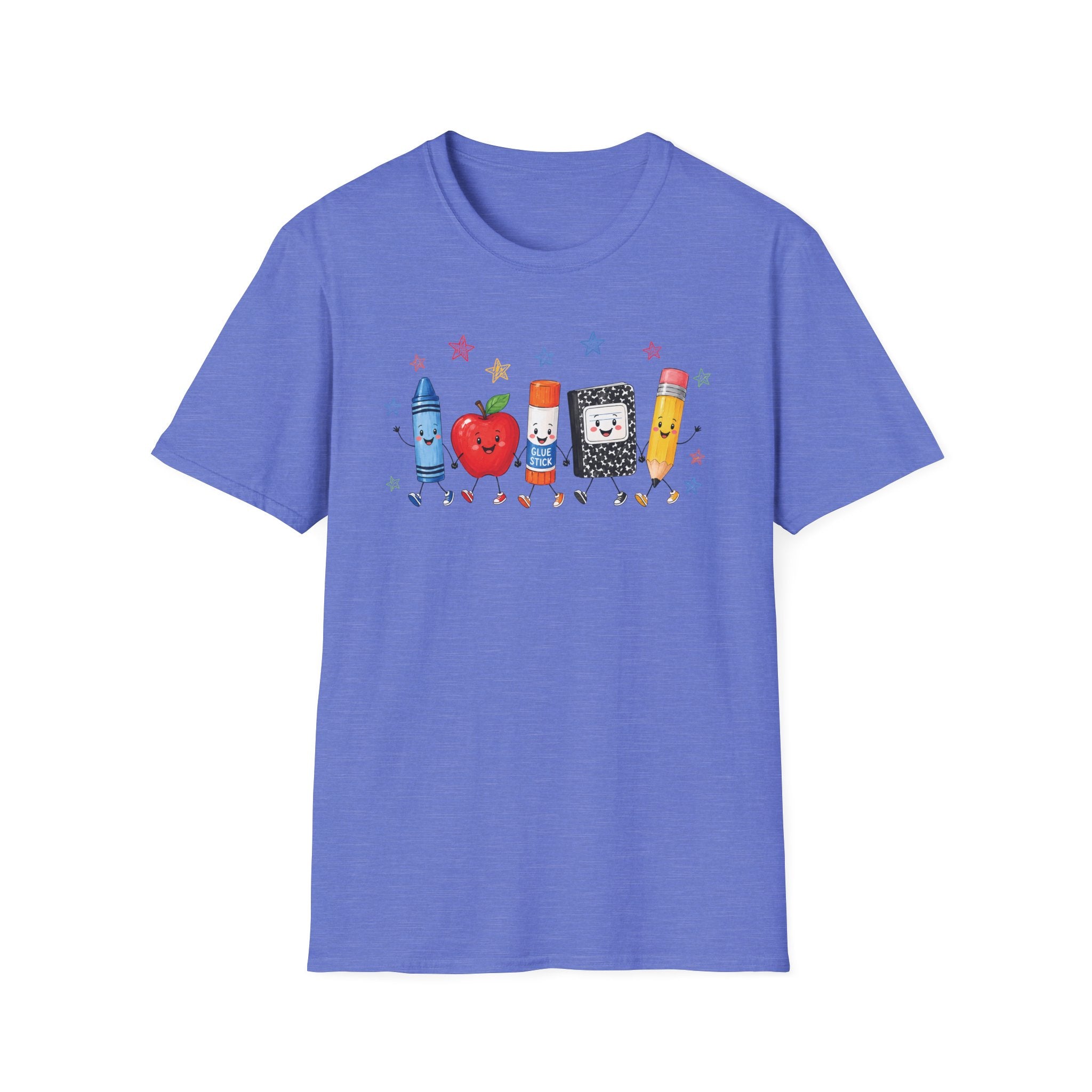 Back-to-School T-Shirt — Cute School Supplies Lineup (Apple, Crayon, Glue, Notebook, Pencil)