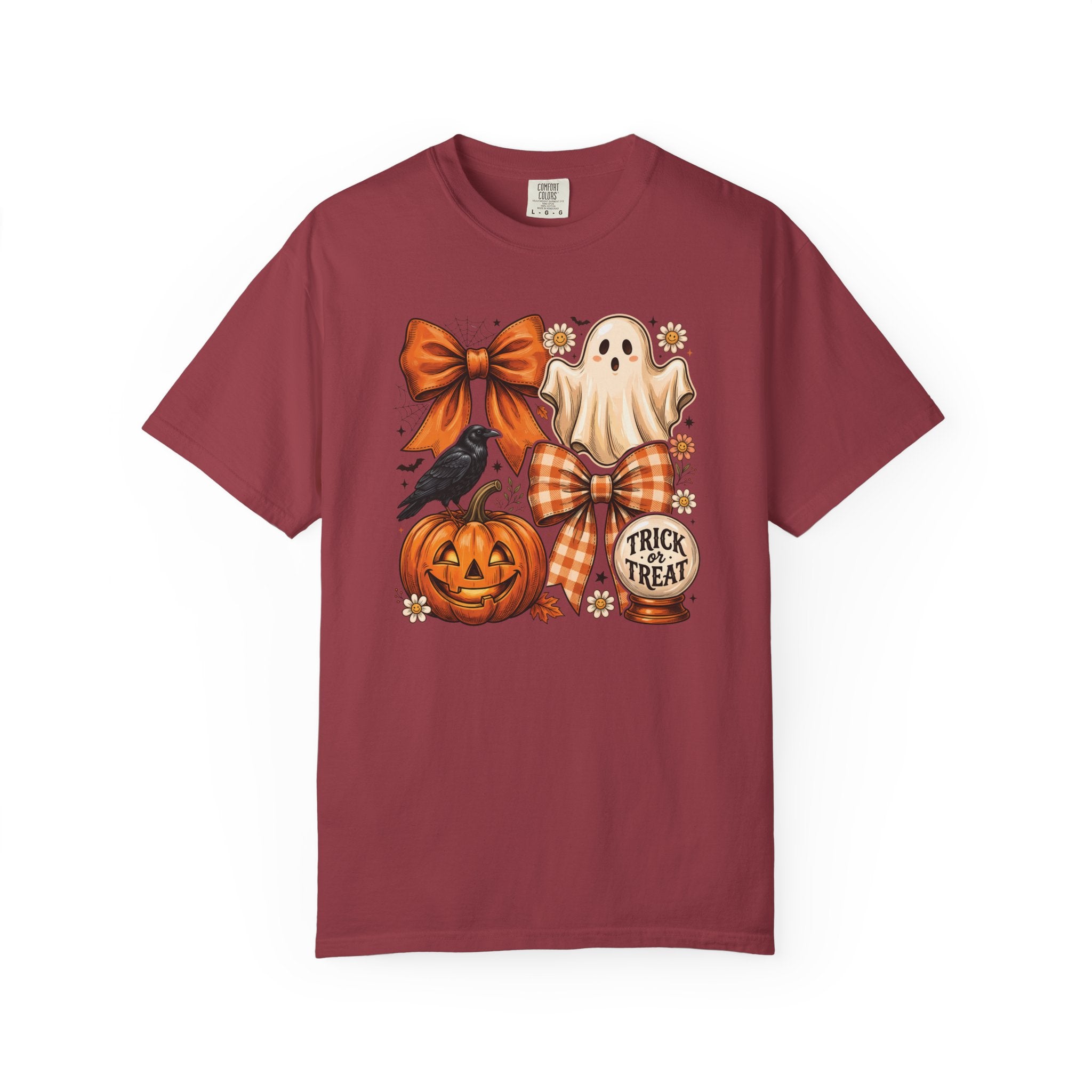 Halloween Cute Ghost & Pumpkin T-Shirt — Trick or Treat Bow Design