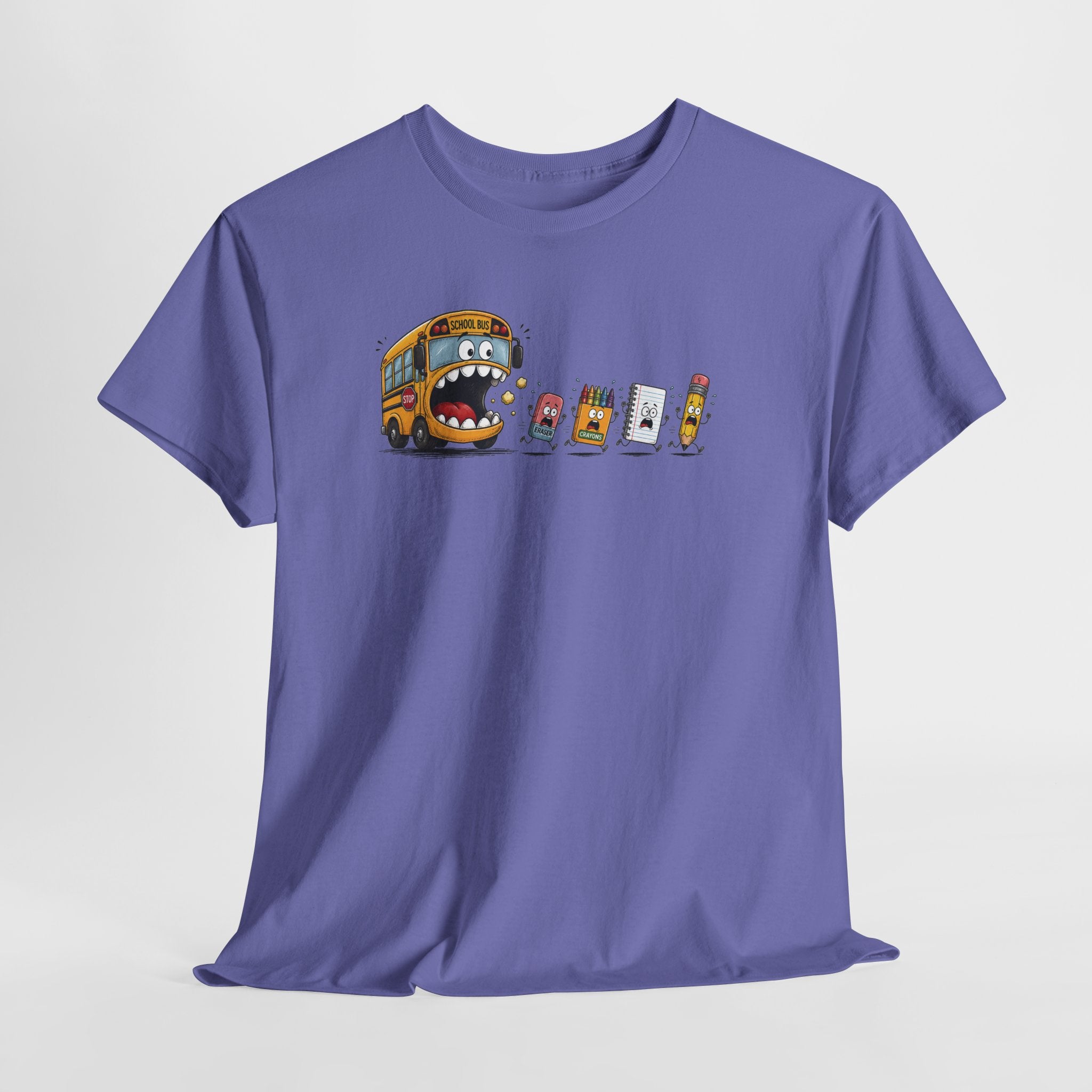 T-Shirt — Funny Snack Attack Graphic Tee (School Bus Eating Kids' Snacks)