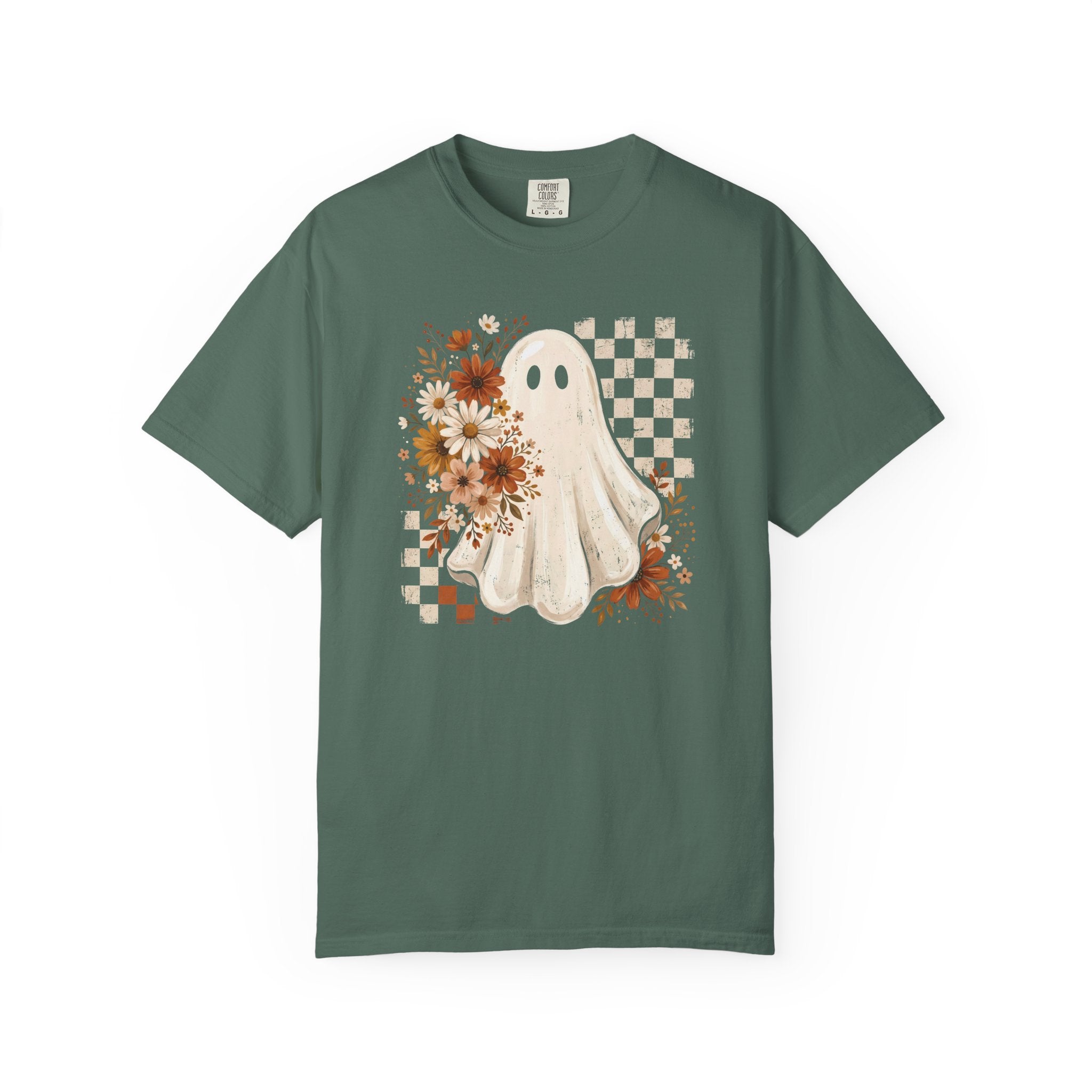 Halloween Floral Ghost T-Shirt — Cute Vintage Checkerboard Fall Tee