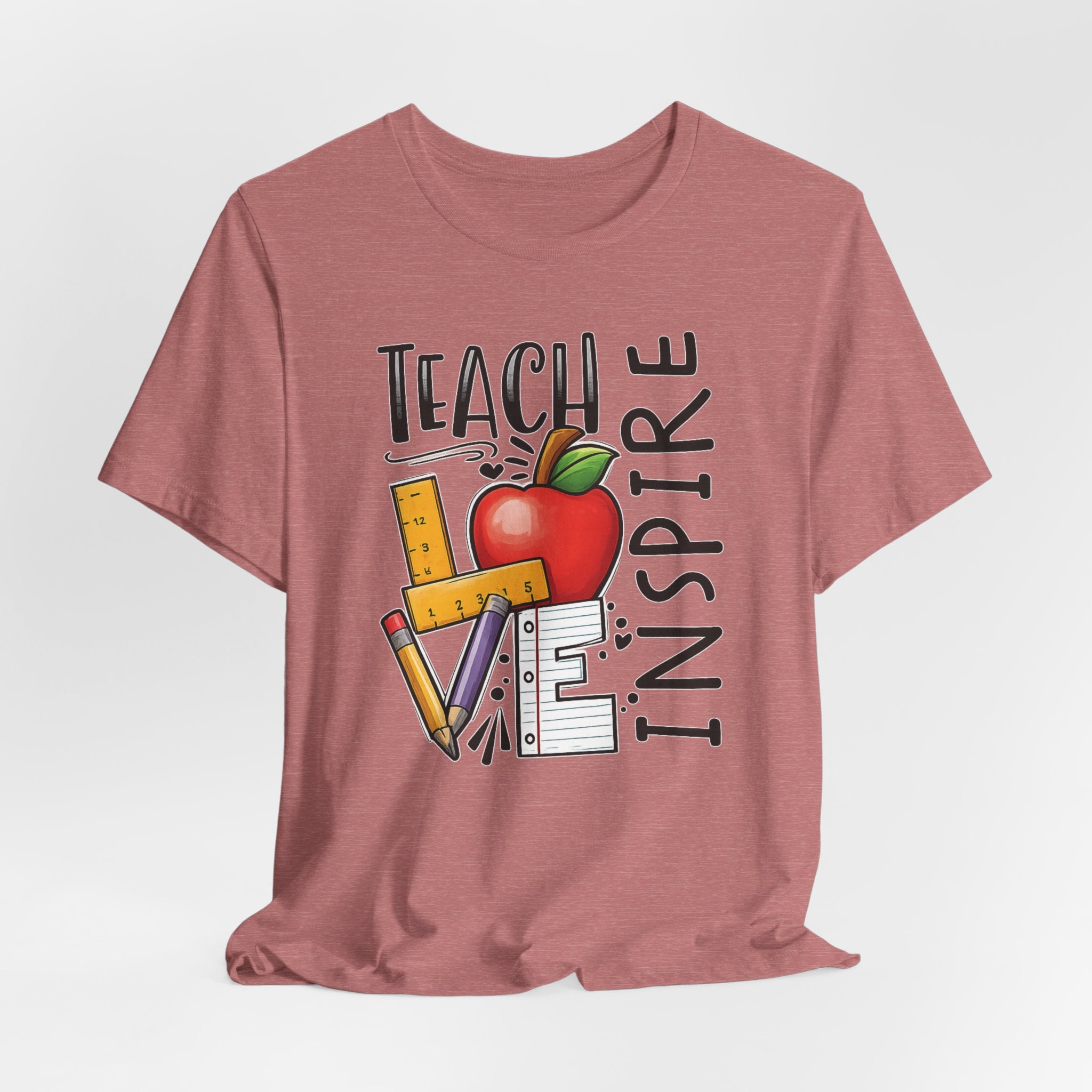 Teach Inspire Love Teacher Shirt  Apple Pencil Graphic Tee  Bella Canvas 3001  Back to School Gift  Teacher Appreciation Shirt