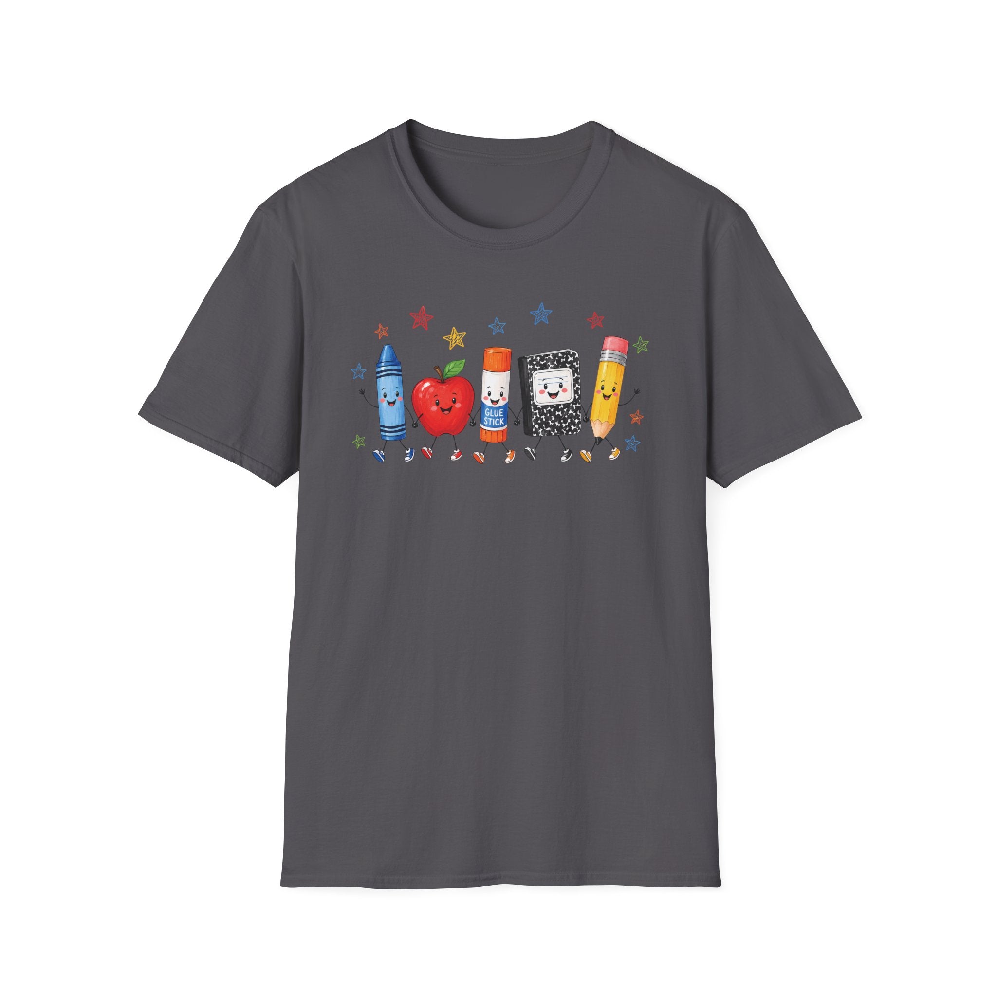 Back-to-School T-Shirt — Cute School Supplies Lineup (Apple, Crayon, Glue, Notebook, Pencil)