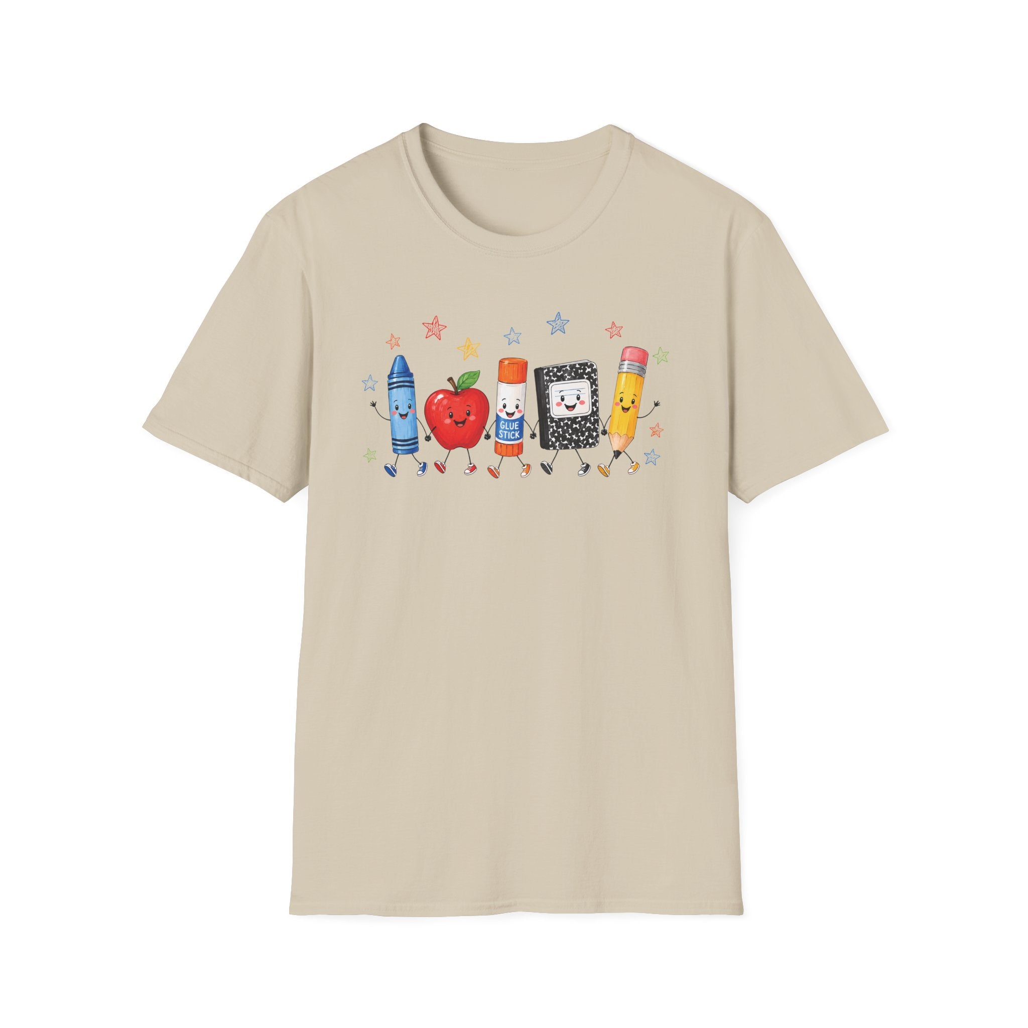 Back-to-School T-Shirt — Cute School Supplies Lineup (Apple, Crayon, Glue, Notebook, Pencil)