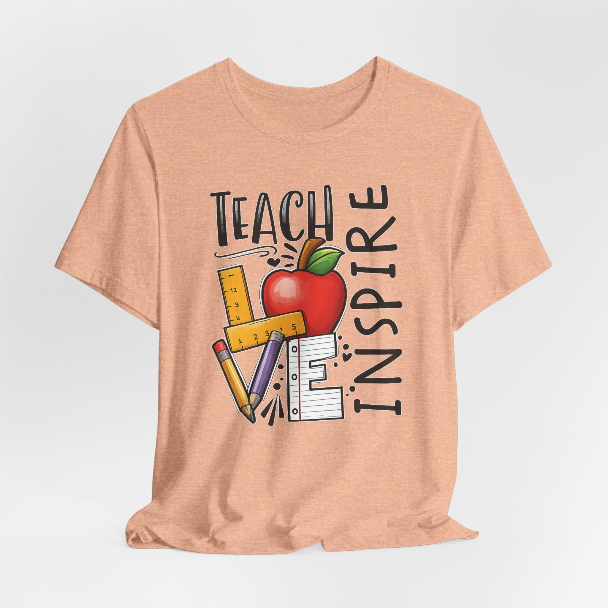 Teach Inspire Love Teacher Shirt  Apple Pencil Graphic Tee  Bella Canvas 3001  Back to School Gift  Teacher Appreciation Shirt