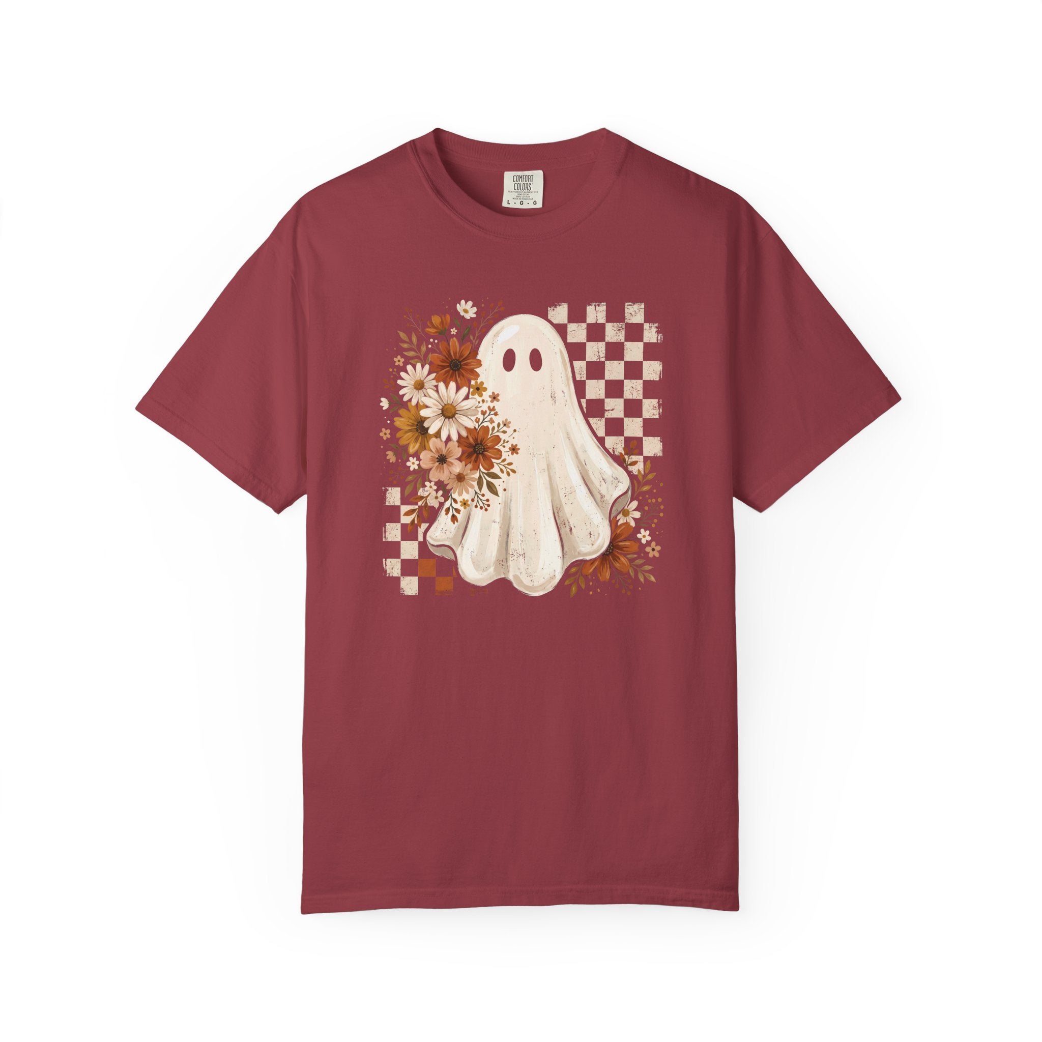 Halloween Floral Ghost T-Shirt — Cute Vintage Checkerboard Fall Tee