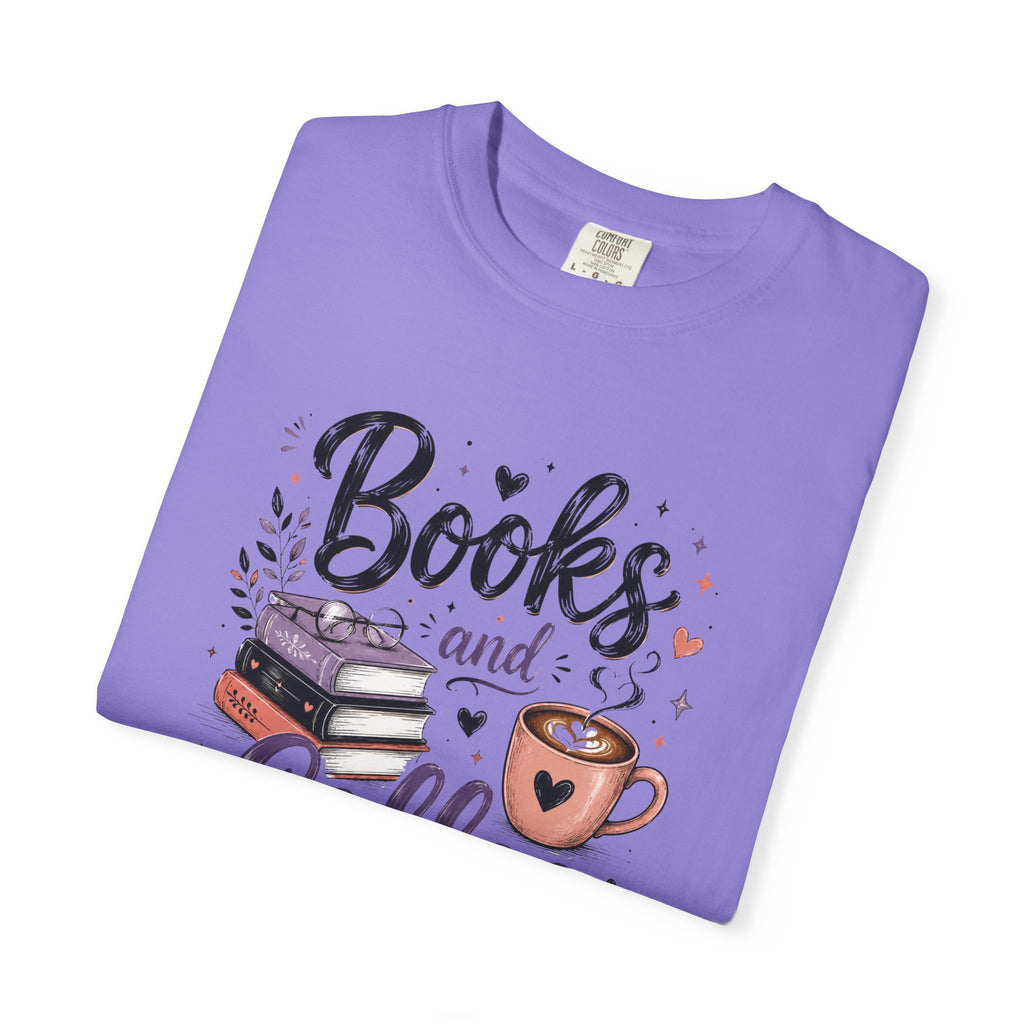 Books and Coffee Shirt | Cozy Book Lover Graphic Tee | Vintage Garment-Dyed Reader Shirt