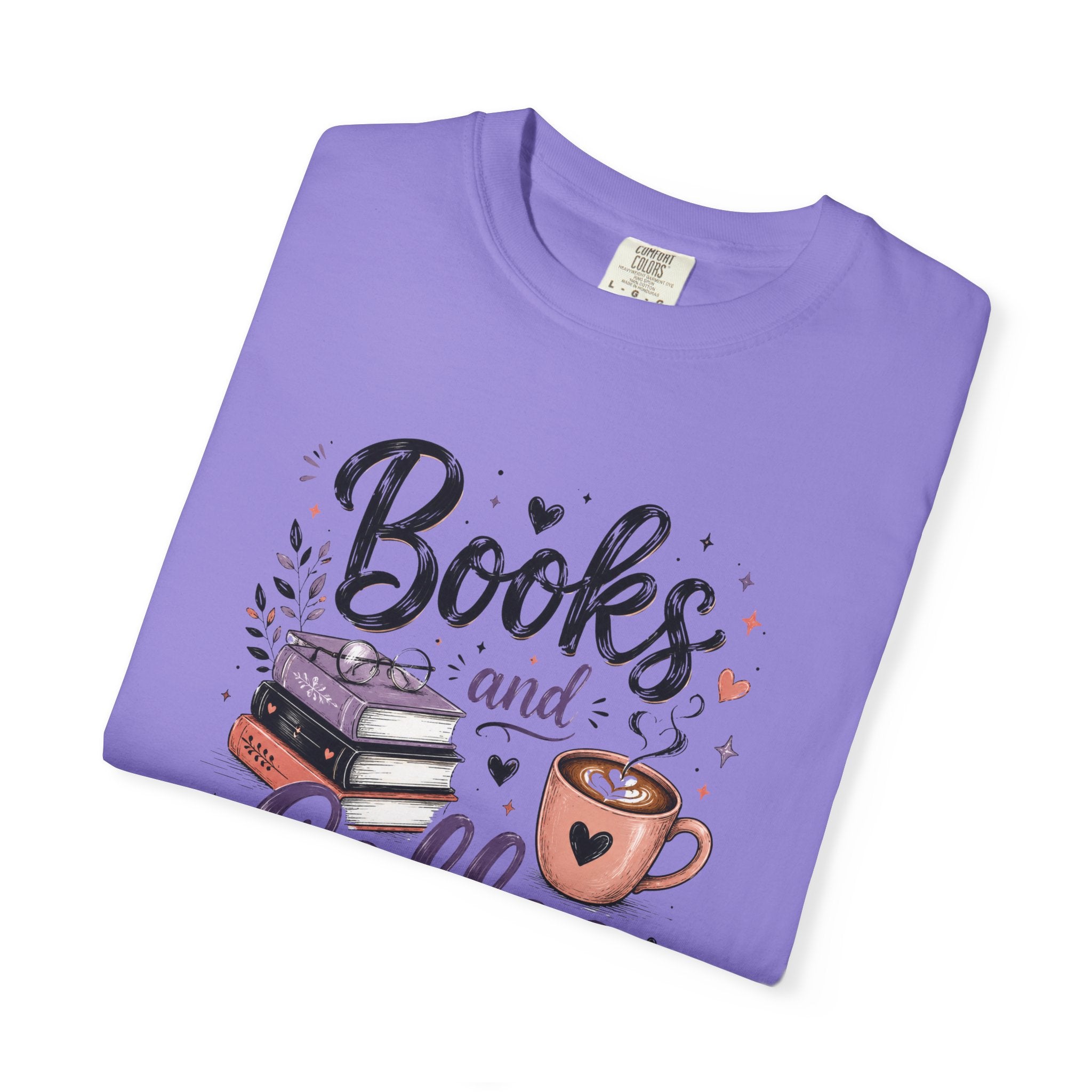 Books and Coffee Shirt | Cozy Book Lover Graphic Tee | Vintage Garment-Dyed Reader Shirt