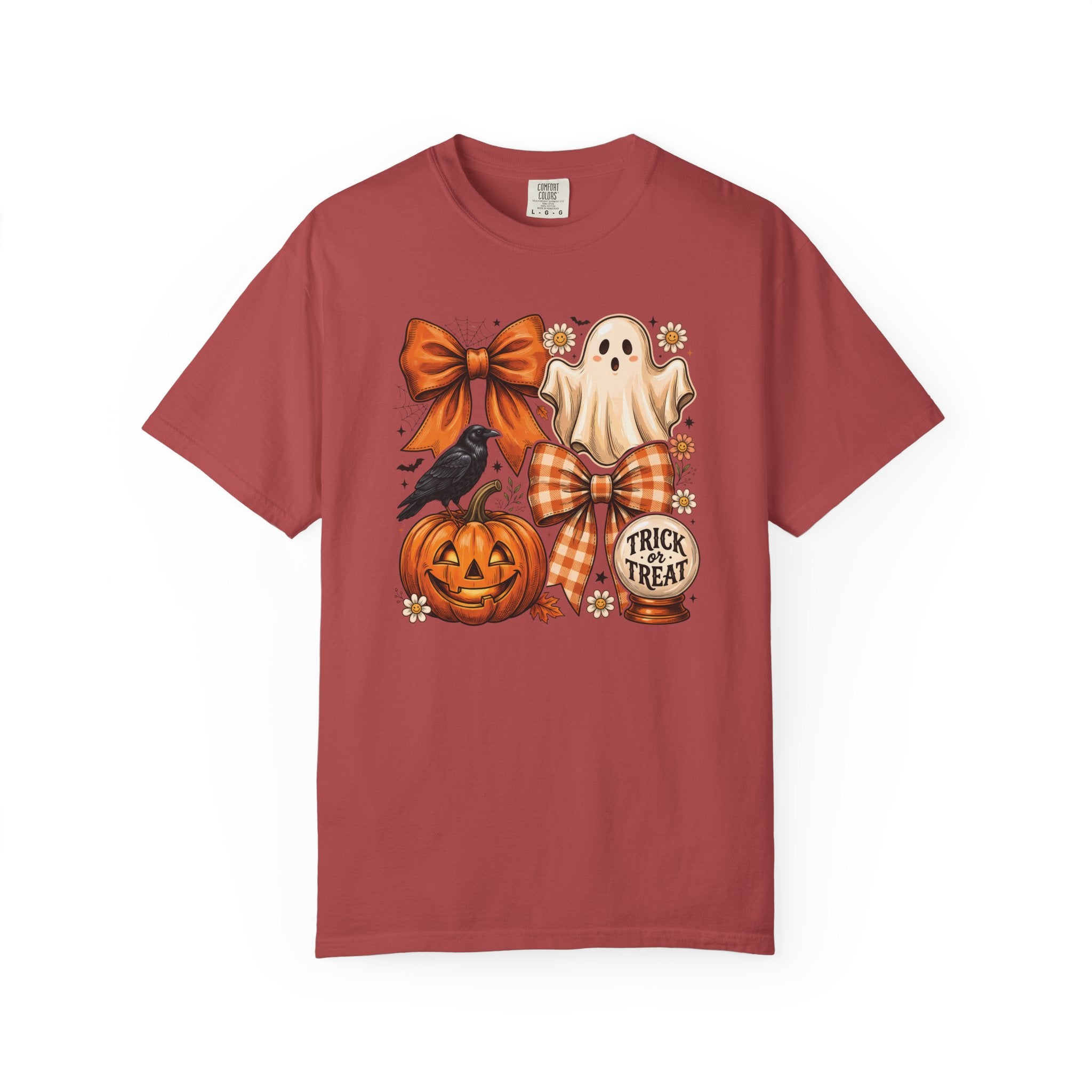 Halloween Cute Ghost & Pumpkin T-Shirt — Trick or Treat Bow Design