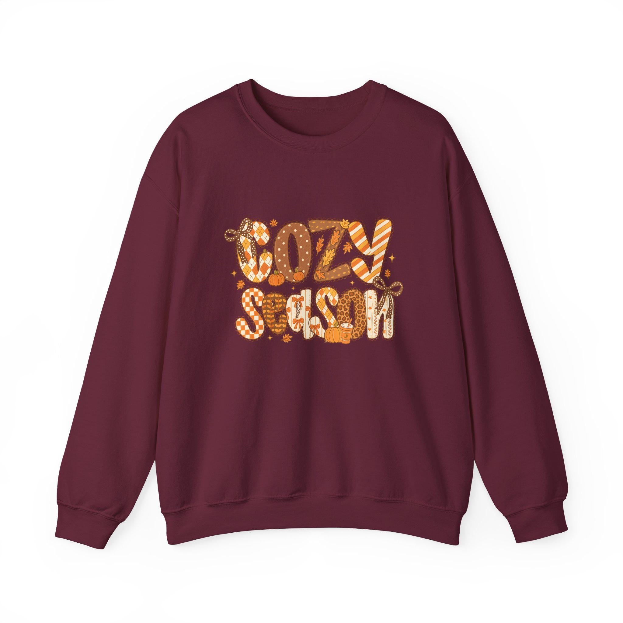 Cozy Season Fall Sweatshirt • Autumn Pumpkin & Leaves Graphic Pullover • Vintage Cozy Sweater for Fall Outfits