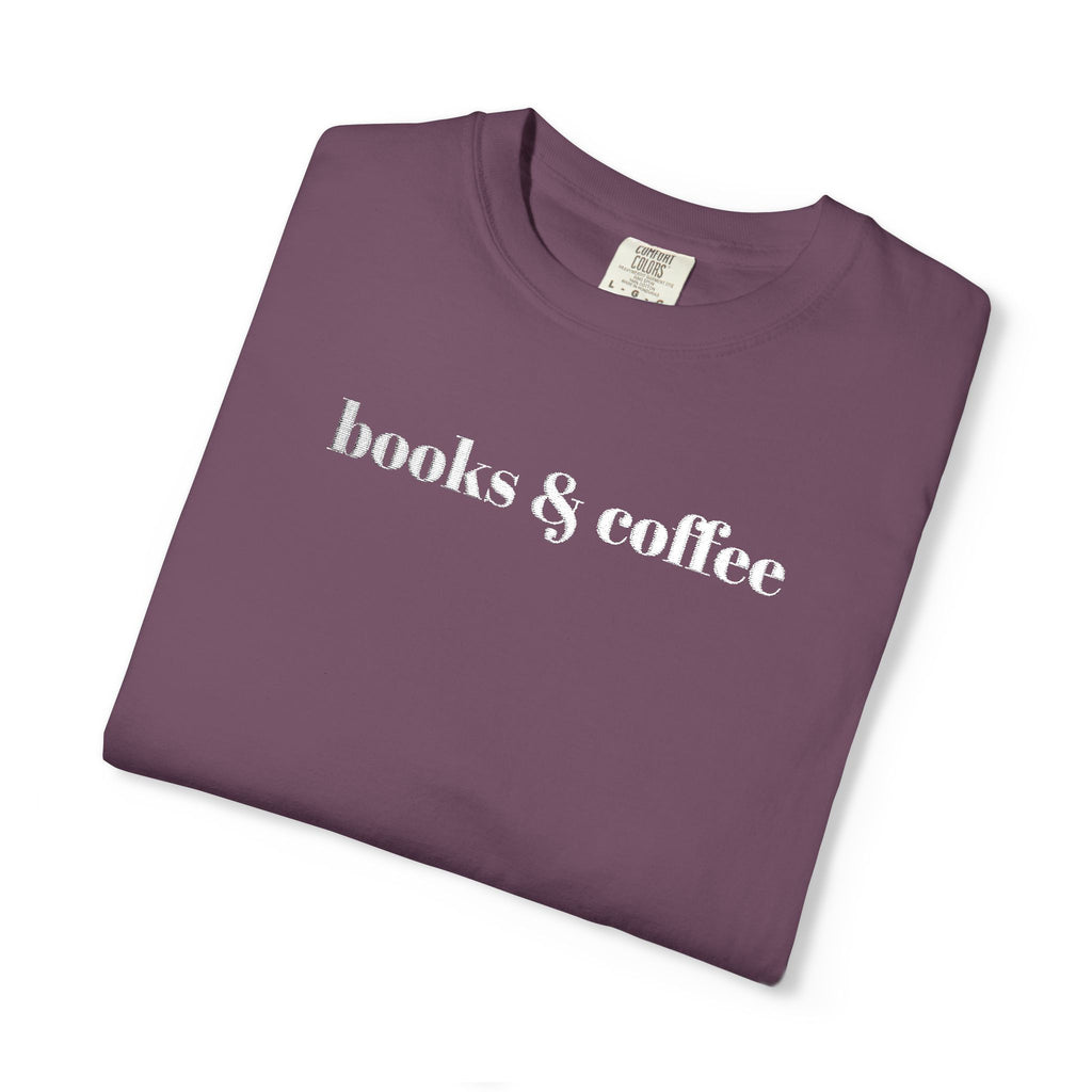 Books & Coffee Embroidered Comfort Colors 1717 Tee | Cozy Reader Gift Shirt