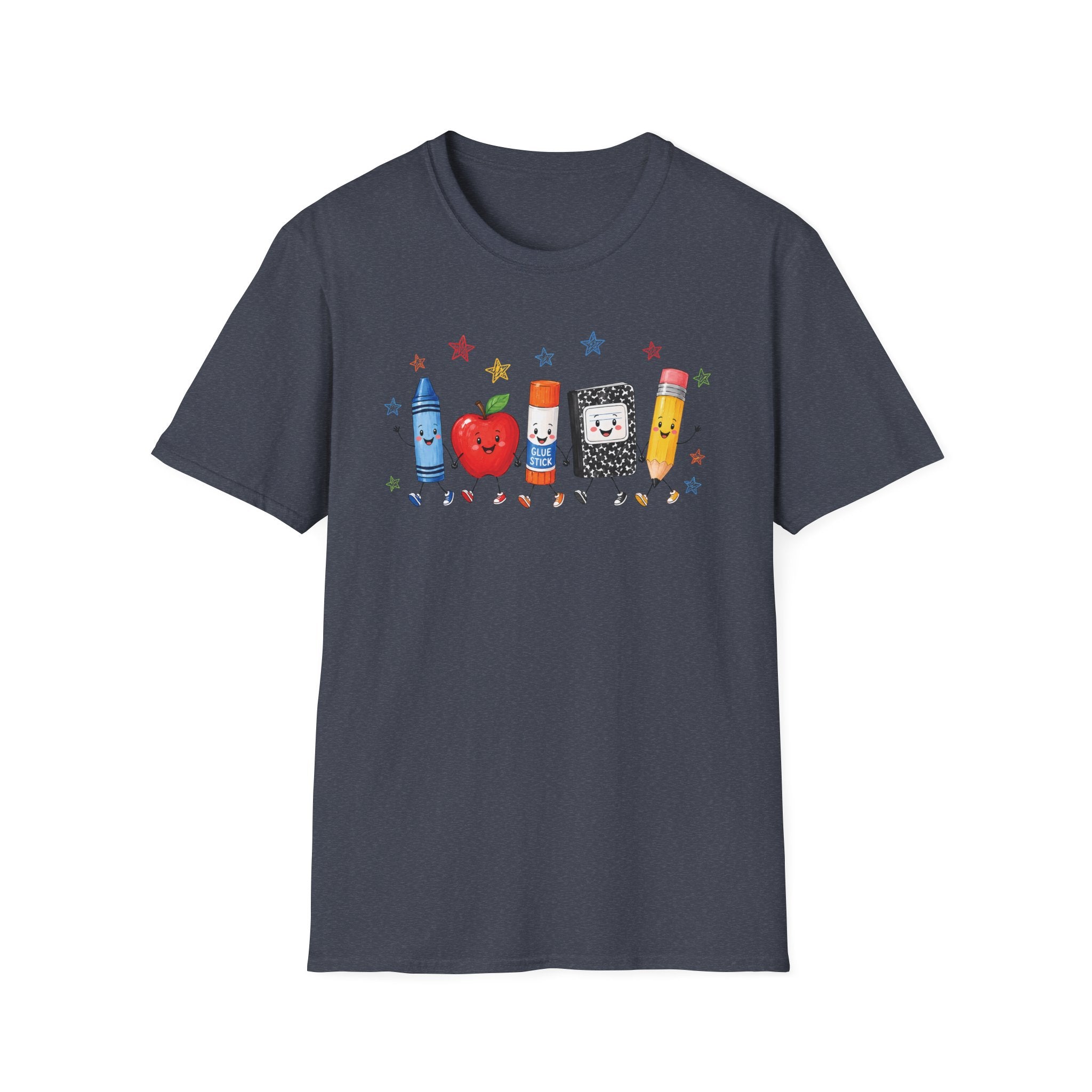Back-to-School T-Shirt — Cute School Supplies Lineup (Apple, Crayon, Glue, Notebook, Pencil)