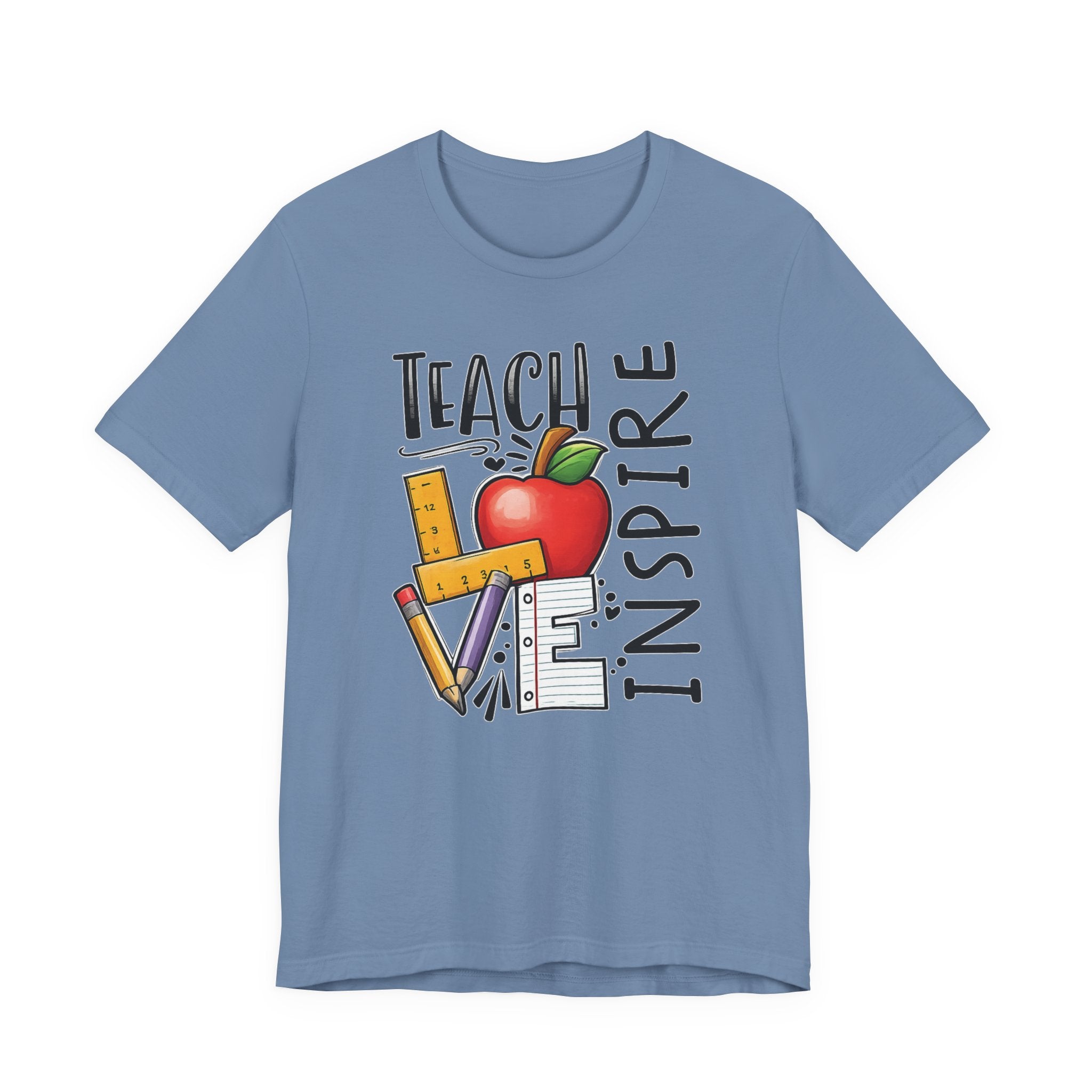Teach Inspire Love Teacher Shirt  Apple Pencil Graphic Tee  Bella Canvas 3001  Back to School Gift  Teacher Appreciation Shirt