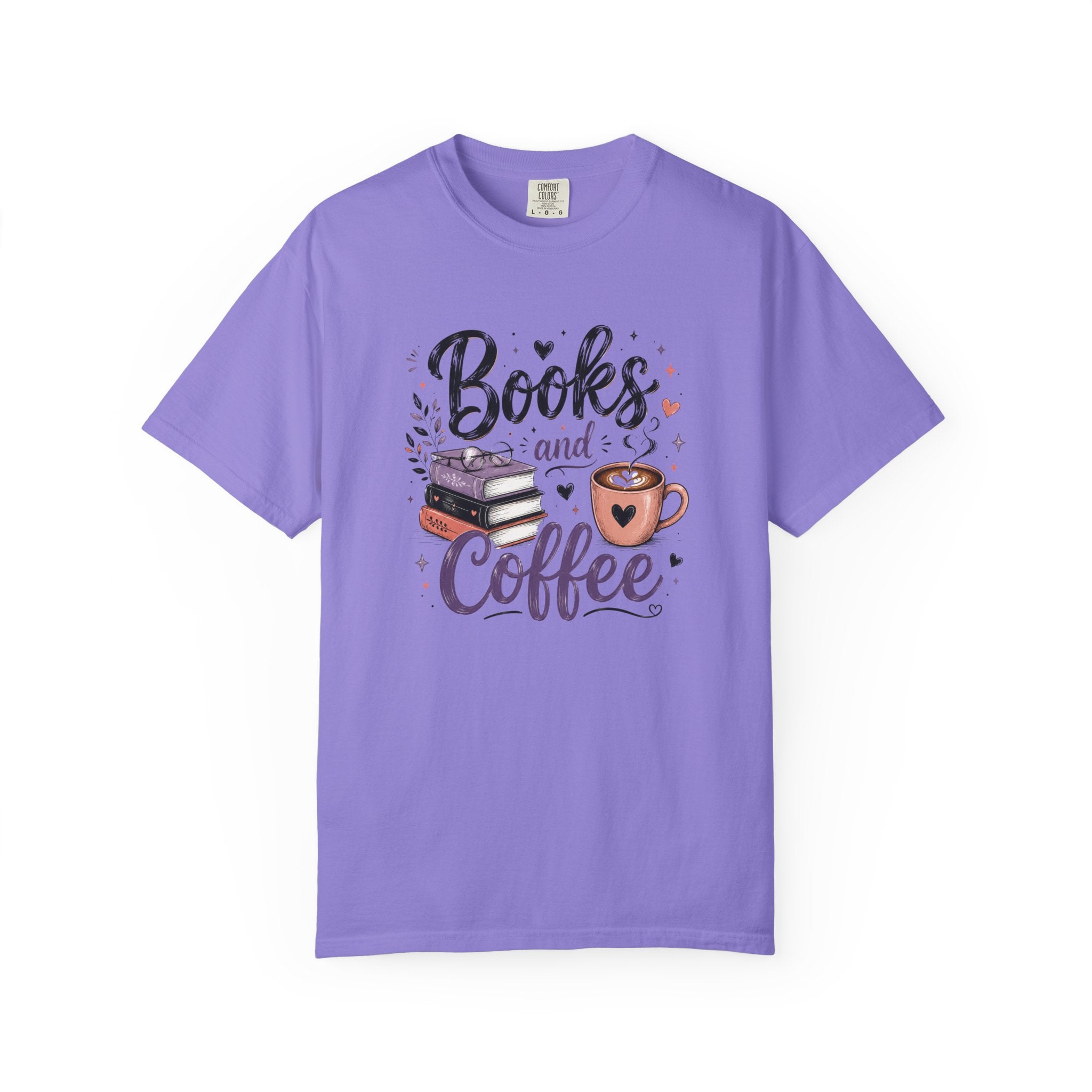 Books and Coffee Shirt | Cozy Book Lover Graphic Tee | Vintage Garment-Dyed Reader Shirt