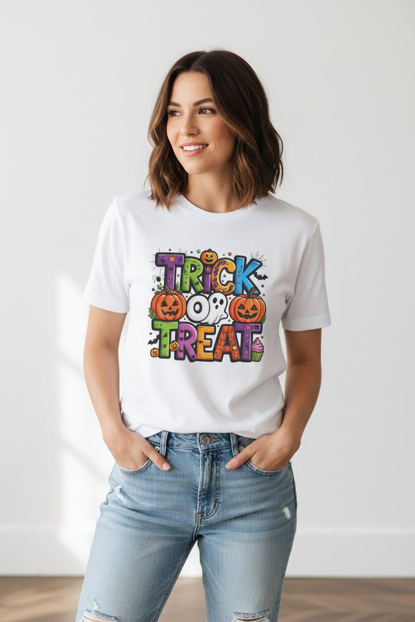 Halloween 'Trick or Treat' Graphic T-Shirt - Cute Pumpkin & Ghost Costume Tee