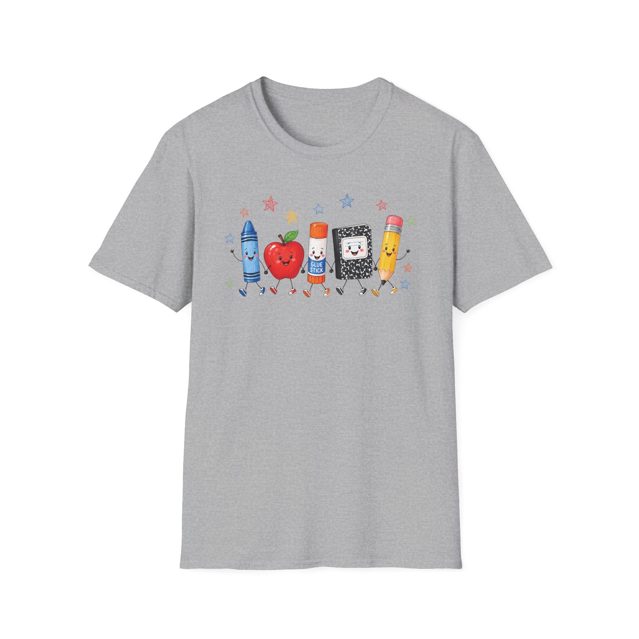 Back-to-School T-Shirt — Cute School Supplies Lineup (Apple, Crayon, Glue, Notebook, Pencil)