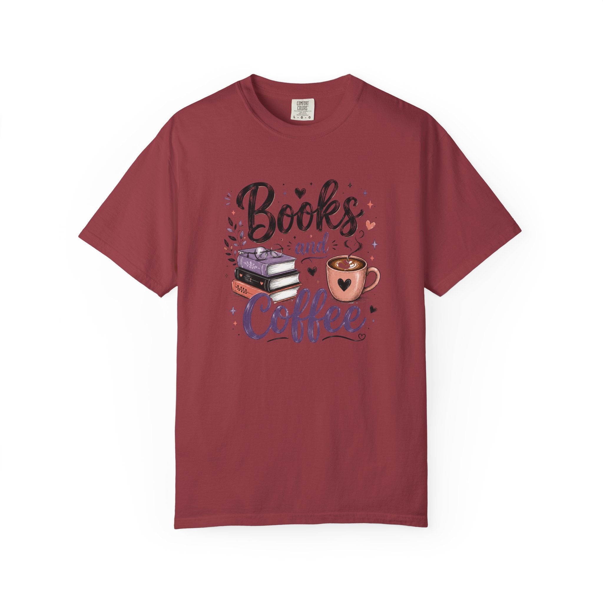Books and Coffee Shirt | Cozy Book Lover Graphic Tee | Vintage Garment-Dyed Reader Shirt