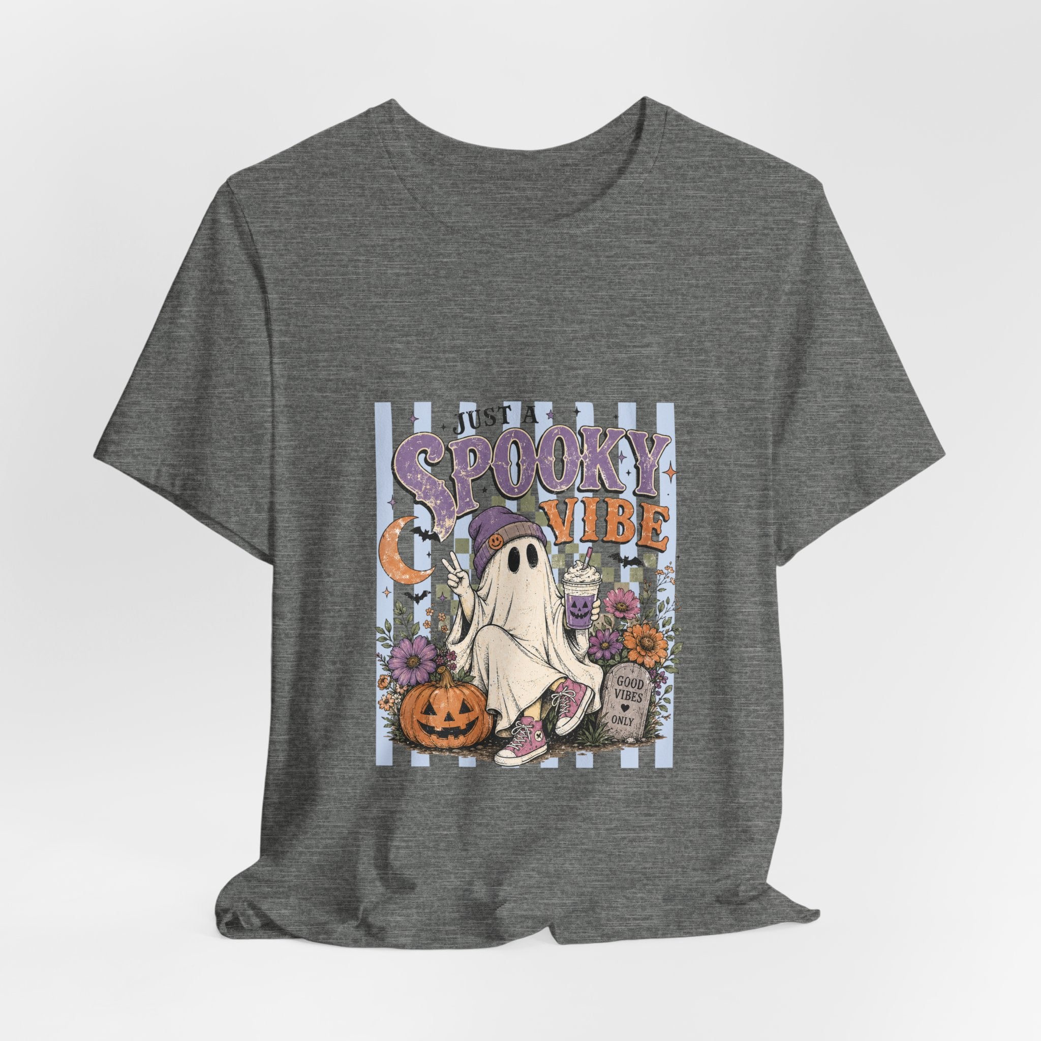 Spooky Vibe Ghost Tee — Cute Halloween Pumpkin & Graveyard Graphic Shirt