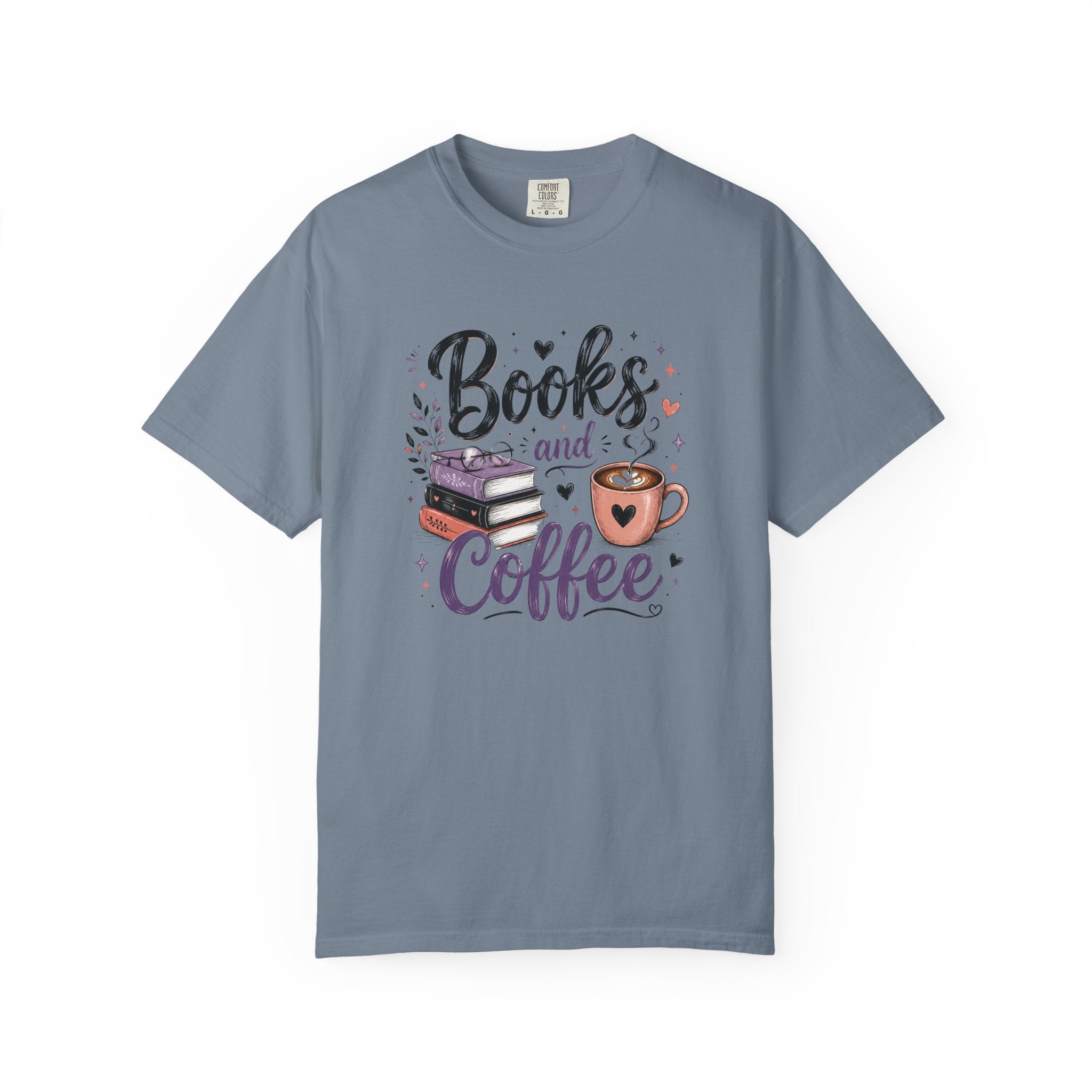 Books and Coffee Shirt | Cozy Book Lover Graphic Tee | Vintage Garment-Dyed Reader Shirt