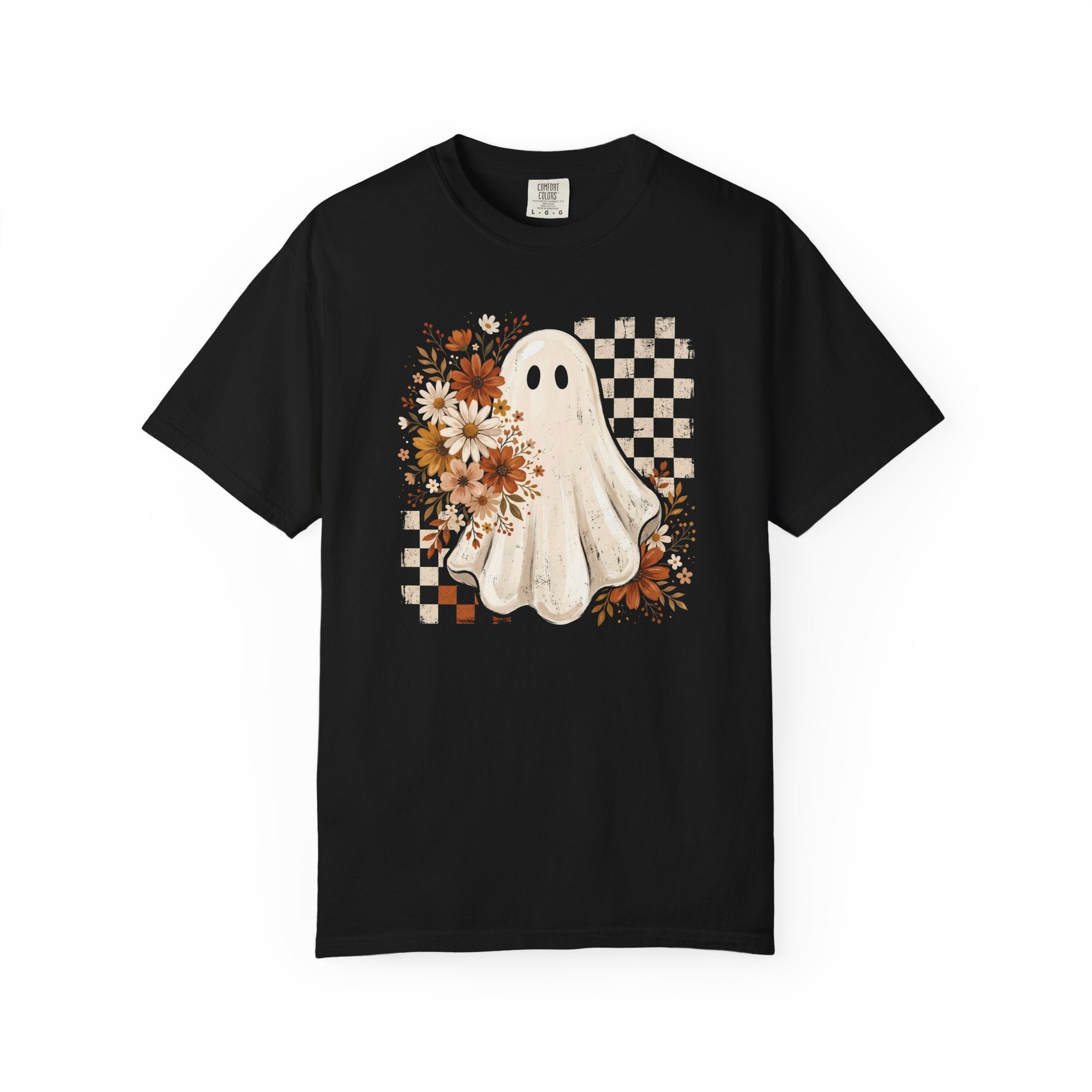 Halloween Floral Ghost T-Shirt — Cute Vintage Checkerboard Fall Tee