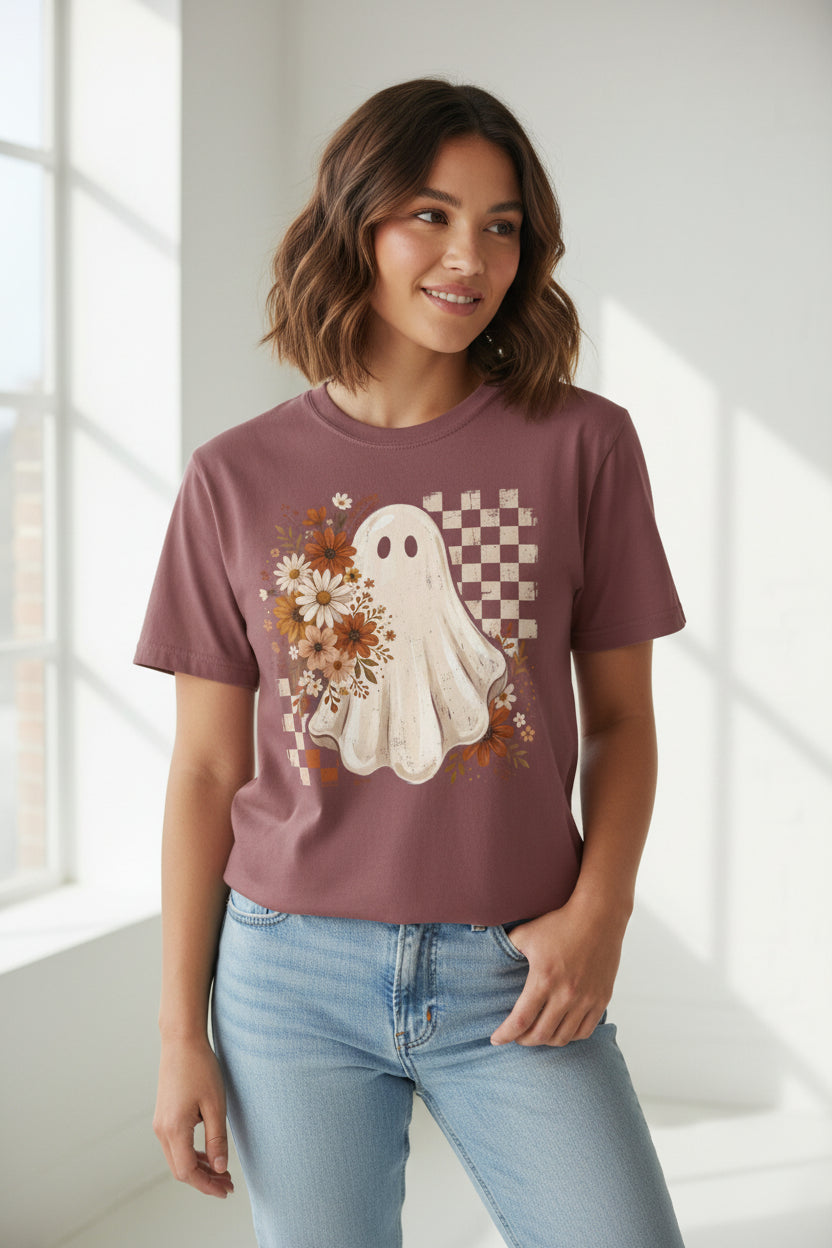 Halloween Floral Ghost T-Shirt — Cute Vintage Checkerboard Fall Tee
