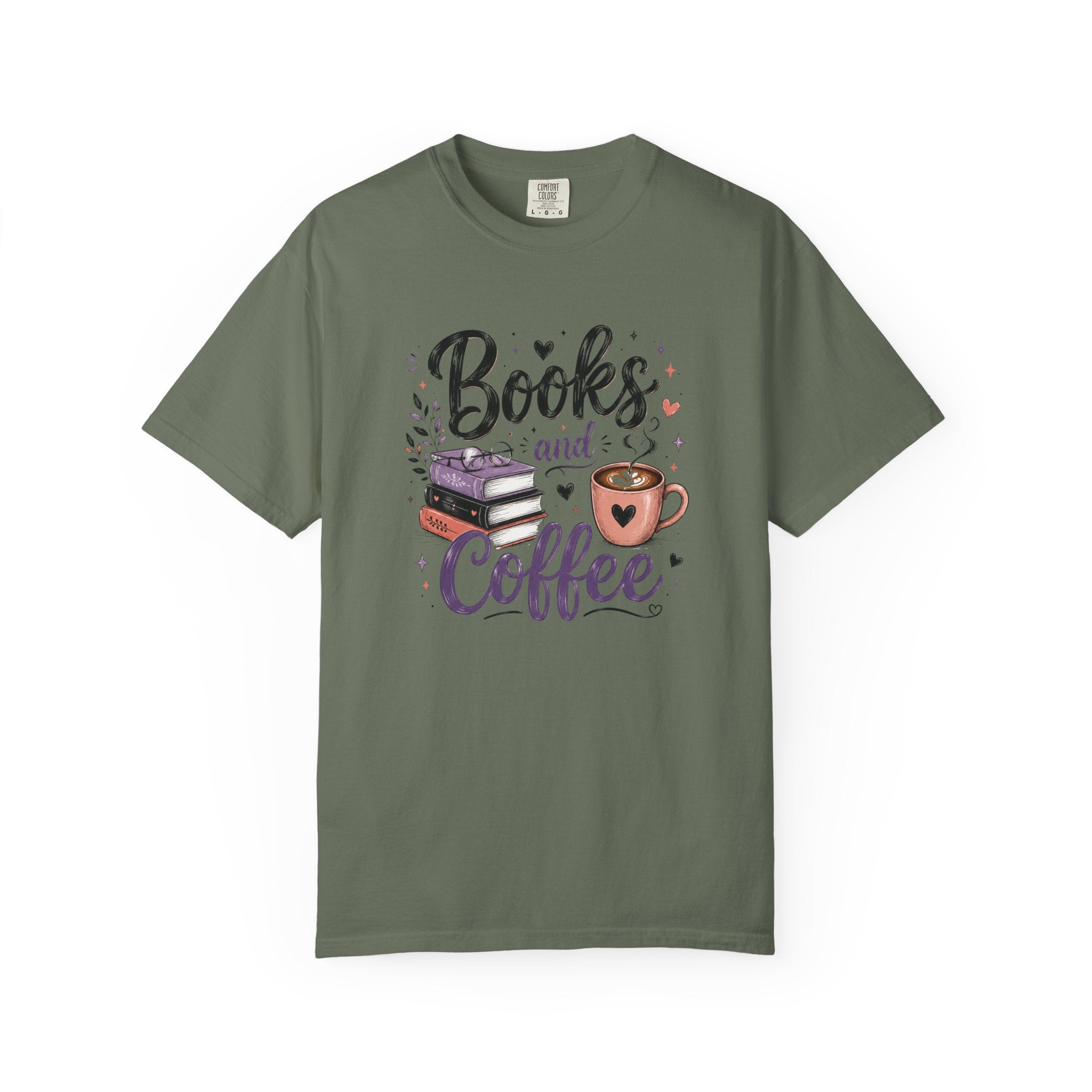 Books and Coffee Shirt | Cozy Book Lover Graphic Tee | Vintage Garment-Dyed Reader Shirt