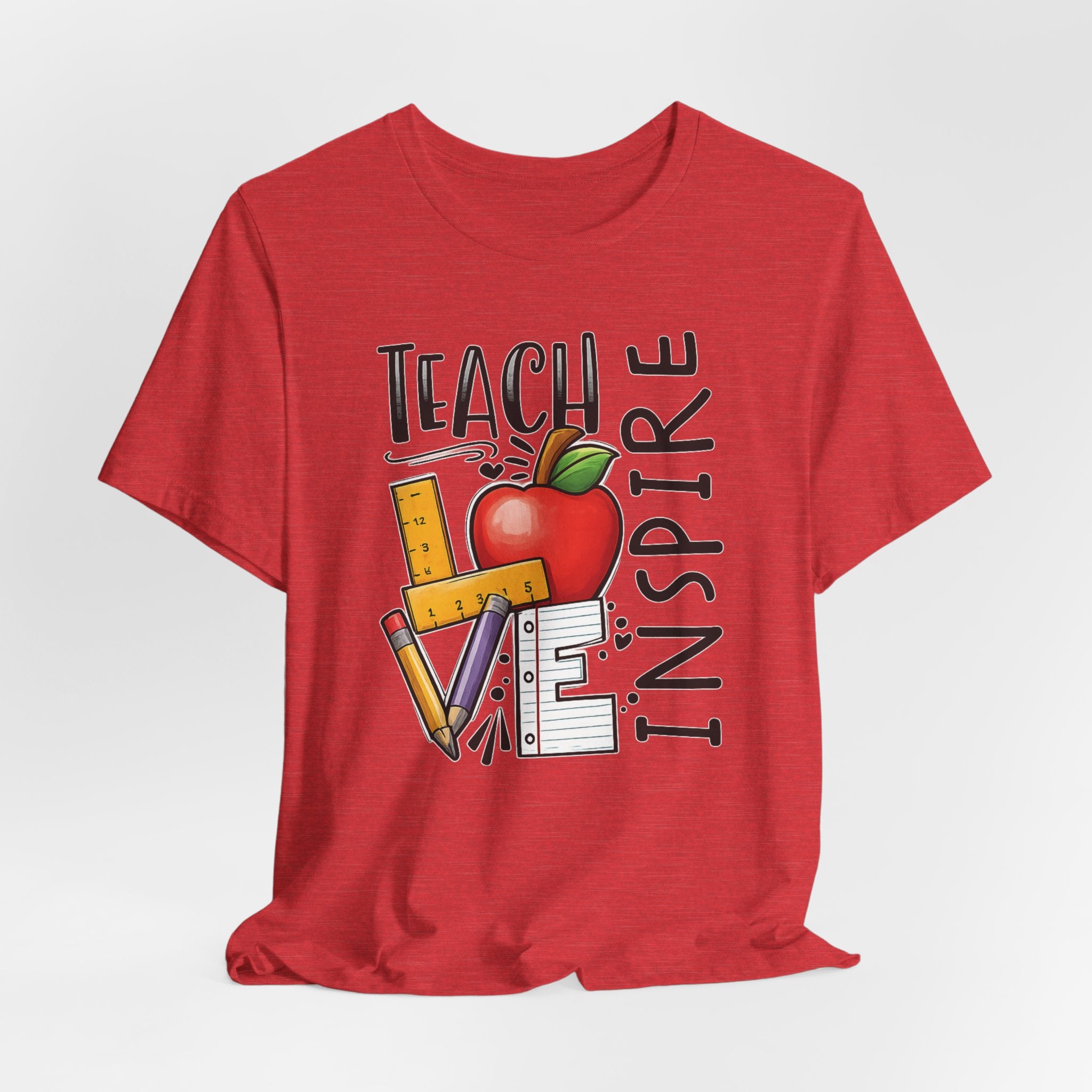 Teach Inspire Love Teacher Shirt  Apple Pencil Graphic Tee  Bella Canvas 3001  Back to School Gift  Teacher Appreciation Shirt