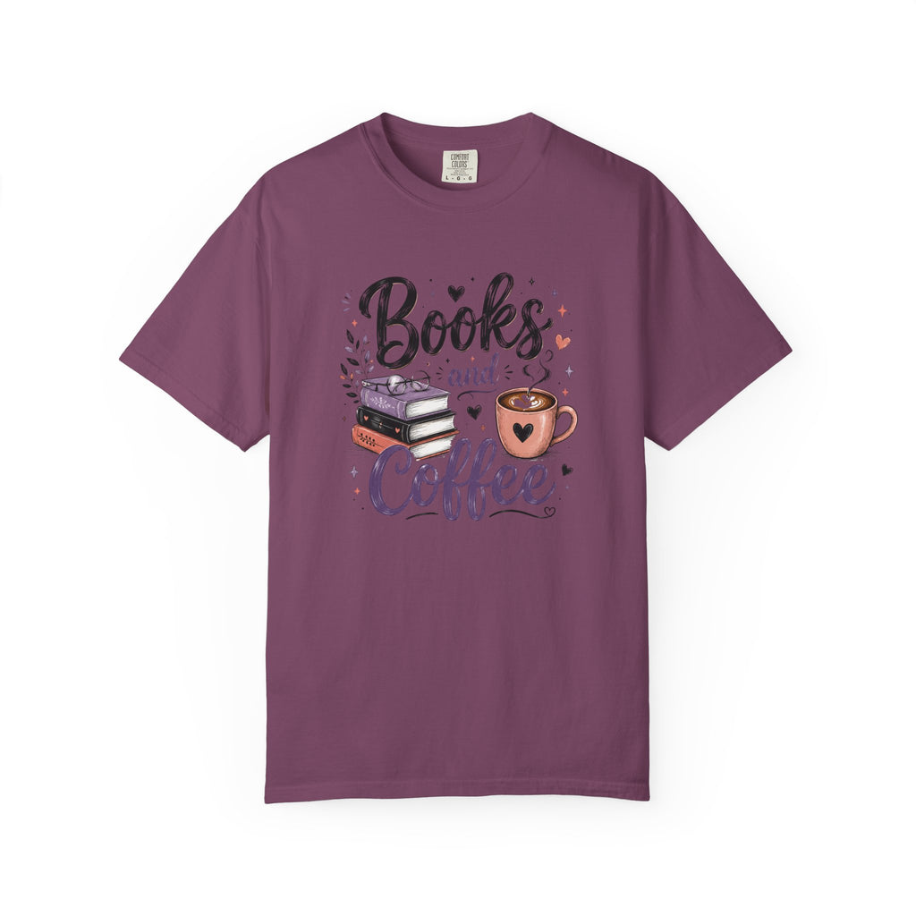 Books and Coffee Shirt | Cozy Book Lover Graphic Tee | Vintage Garment-Dyed Reader Shirt