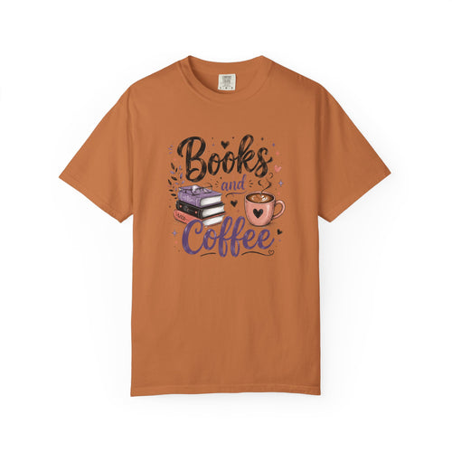 Books and Coffee Shirt | Cozy Book Lover Graphic Tee | Vintage Garment-Dyed Reader Shirt