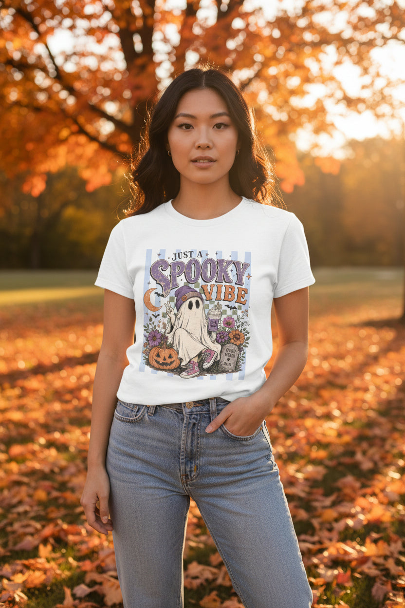 Spooky Vibe Ghost Tee — Cute Halloween Pumpkin & Graveyard Graphic Shirt