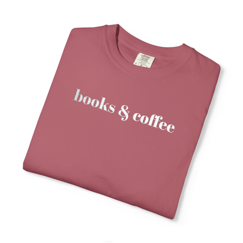 Books & Coffee Embroidered Comfort Colors 1717 Tee | Cozy Reader Gift Shirt