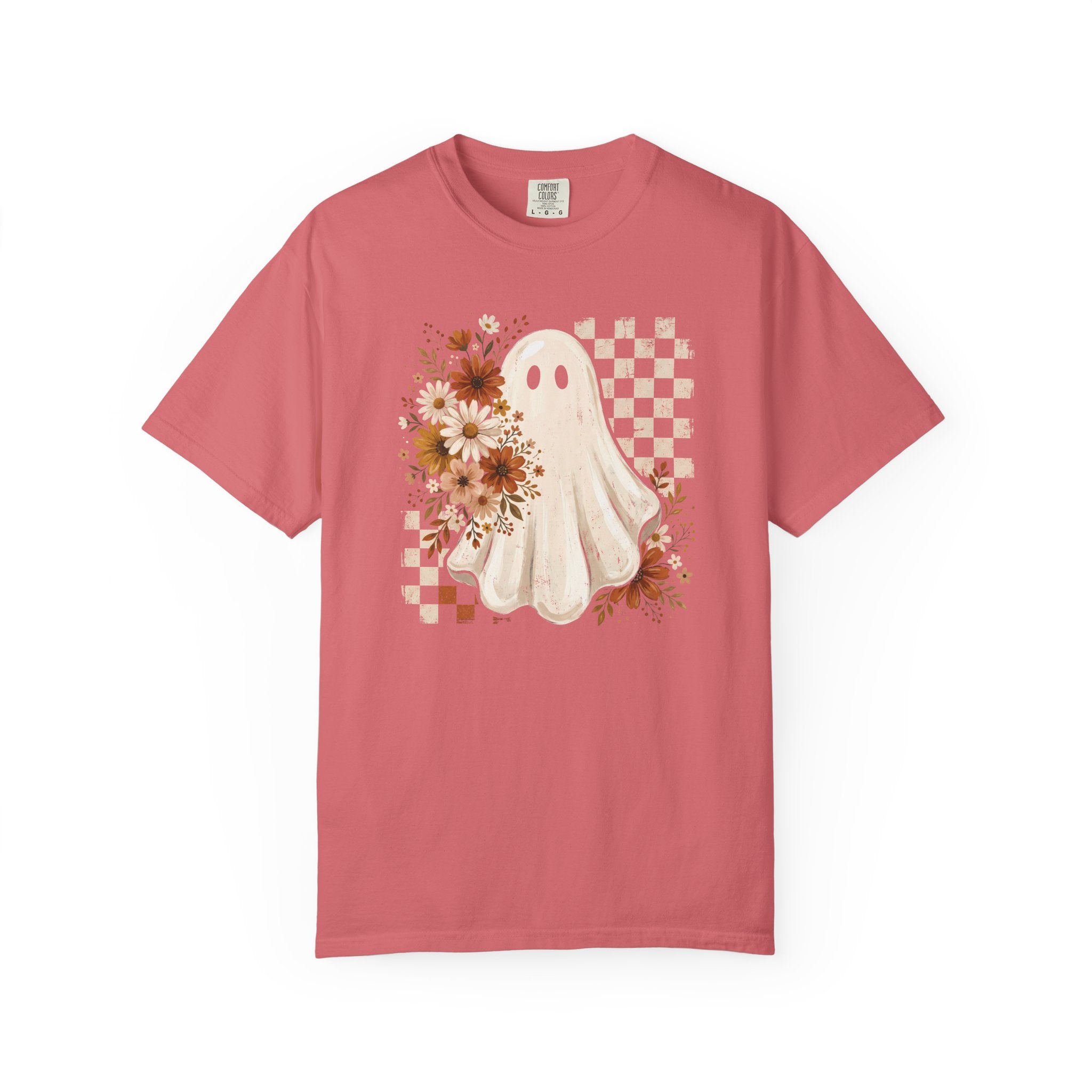 Halloween Floral Ghost T-Shirt — Cute Vintage Checkerboard Fall Tee