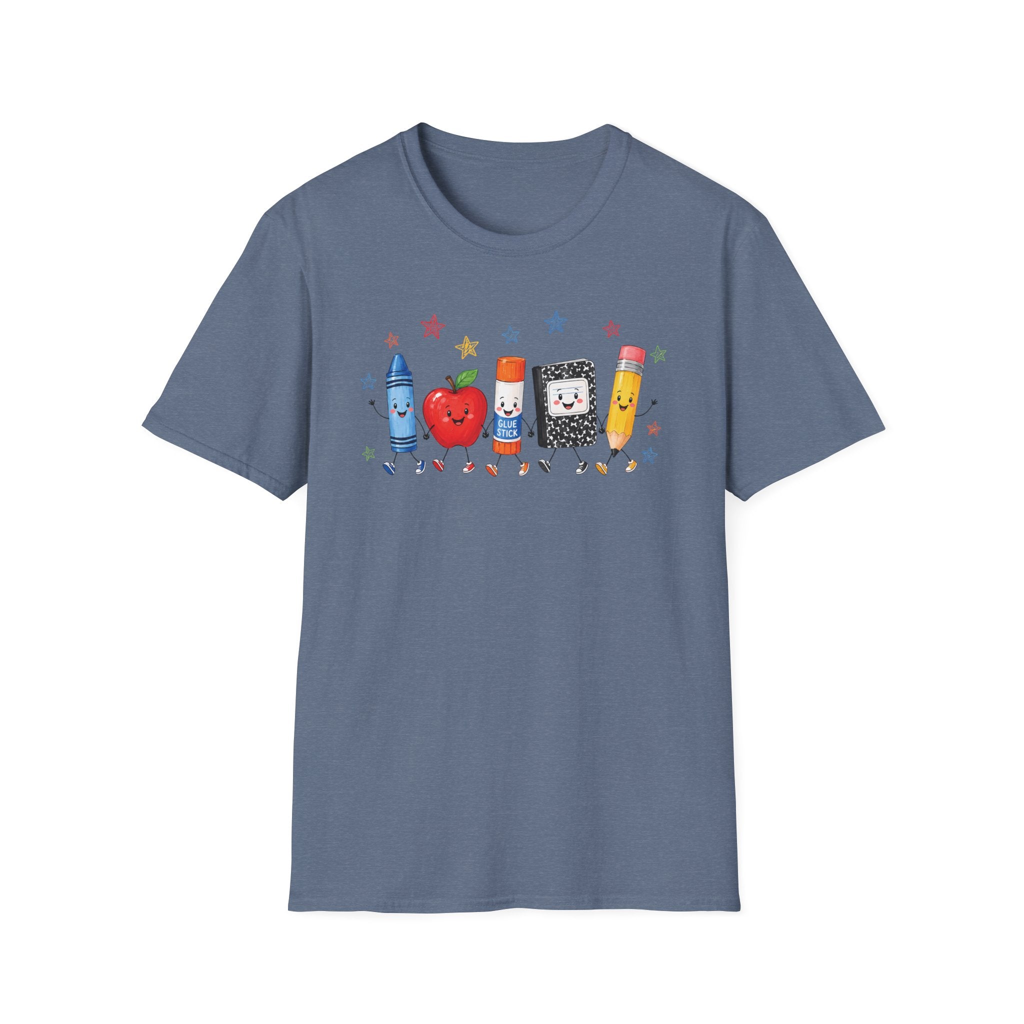 Back-to-School T-Shirt — Cute School Supplies Lineup (Apple, Crayon, Glue, Notebook, Pencil)