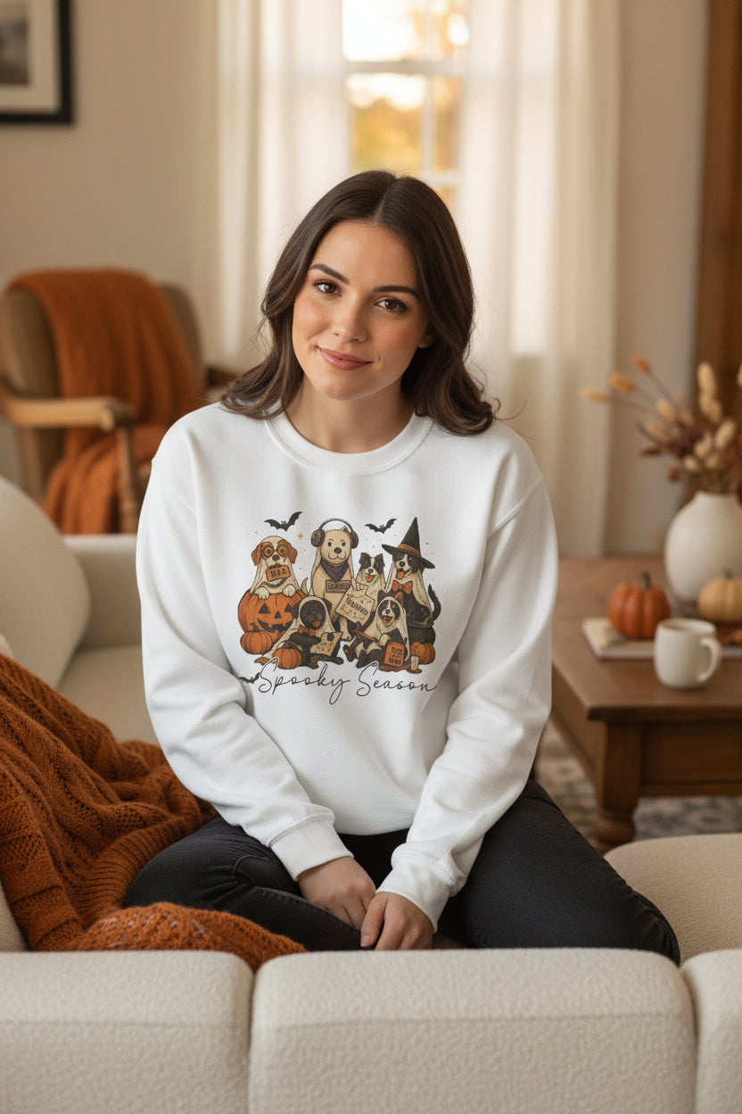 Spooky Season Dog Halloween Sweatshirt | Cute Ghost Dogs Fall Crewneck | Gildan 18000 Halloween Dog Lover Sweatshirt