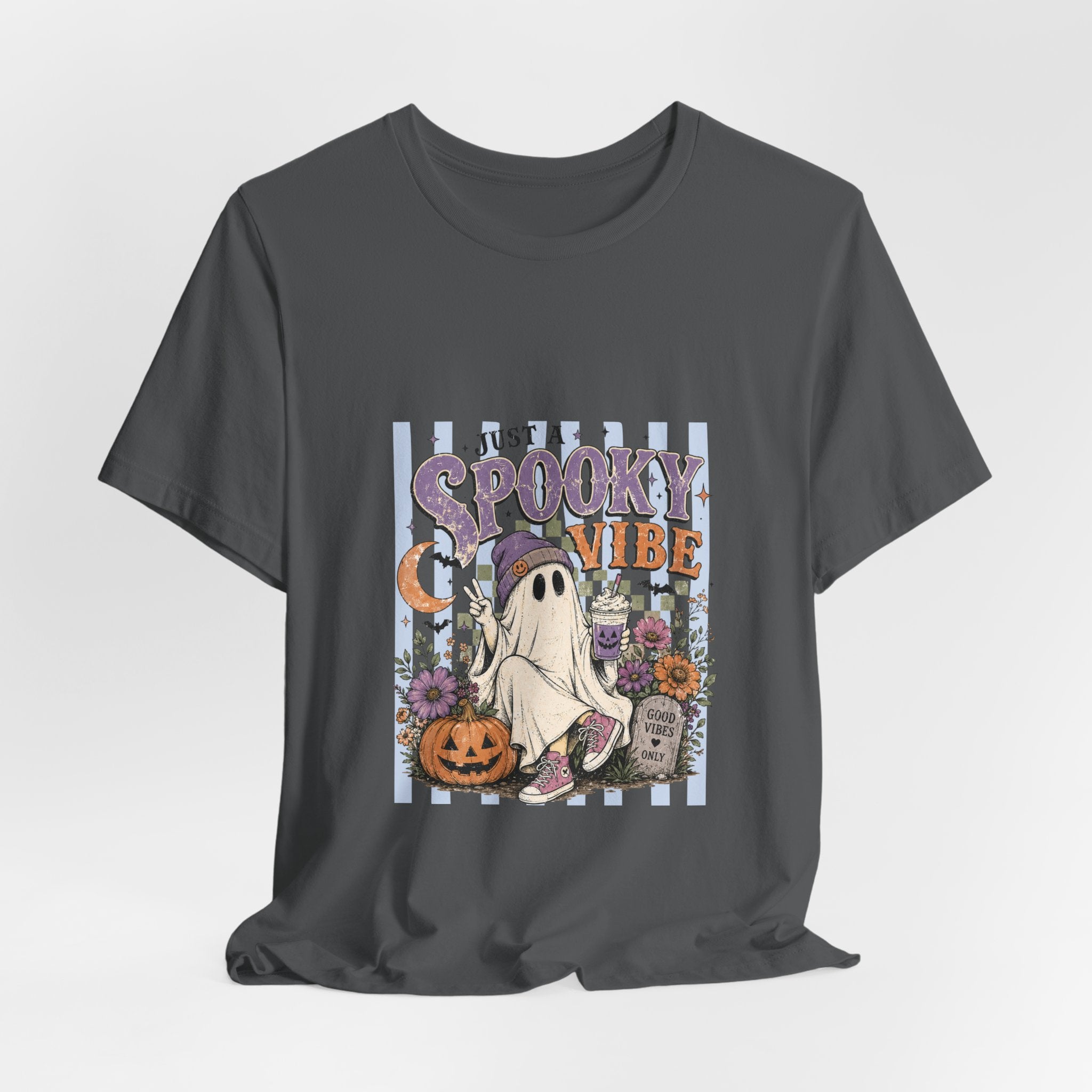 Spooky Vibe Ghost Tee — Cute Halloween Pumpkin & Graveyard Graphic Shirt