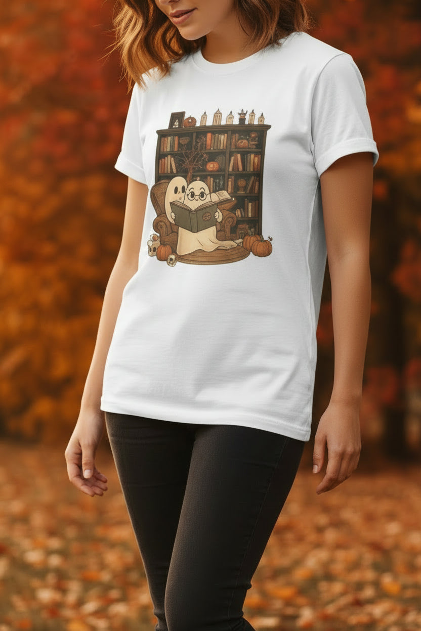 Ghost Reader T‑Shirt — Cozy Halloween Library Design