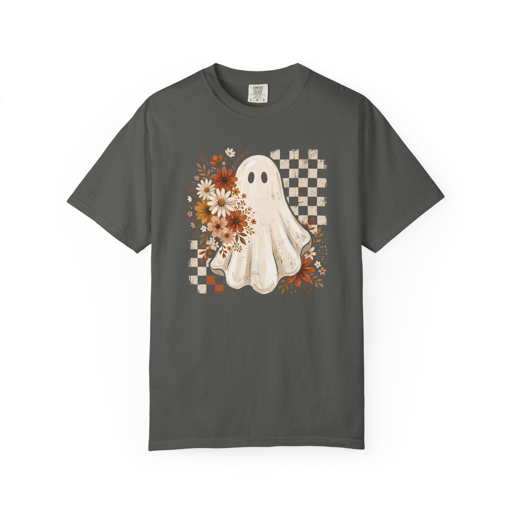 Halloween Floral Ghost T-Shirt — Cute Vintage Checkerboard Fall Tee