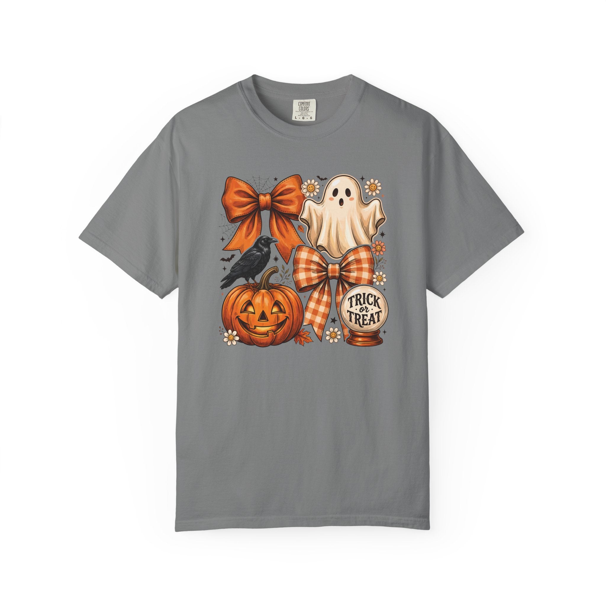 Halloween Cute Ghost & Pumpkin T-Shirt — Trick or Treat Bow Design