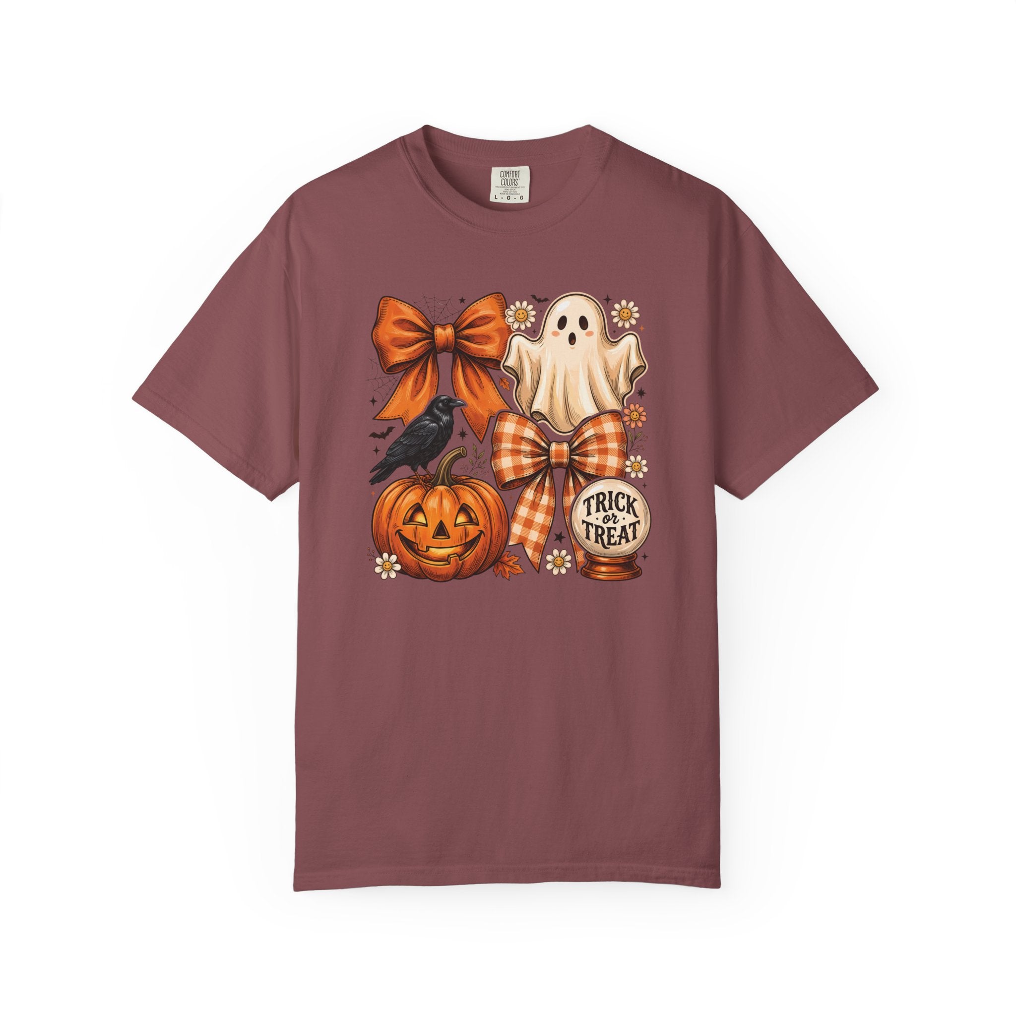 Halloween Cute Ghost & Pumpkin T-Shirt — Trick or Treat Bow Design