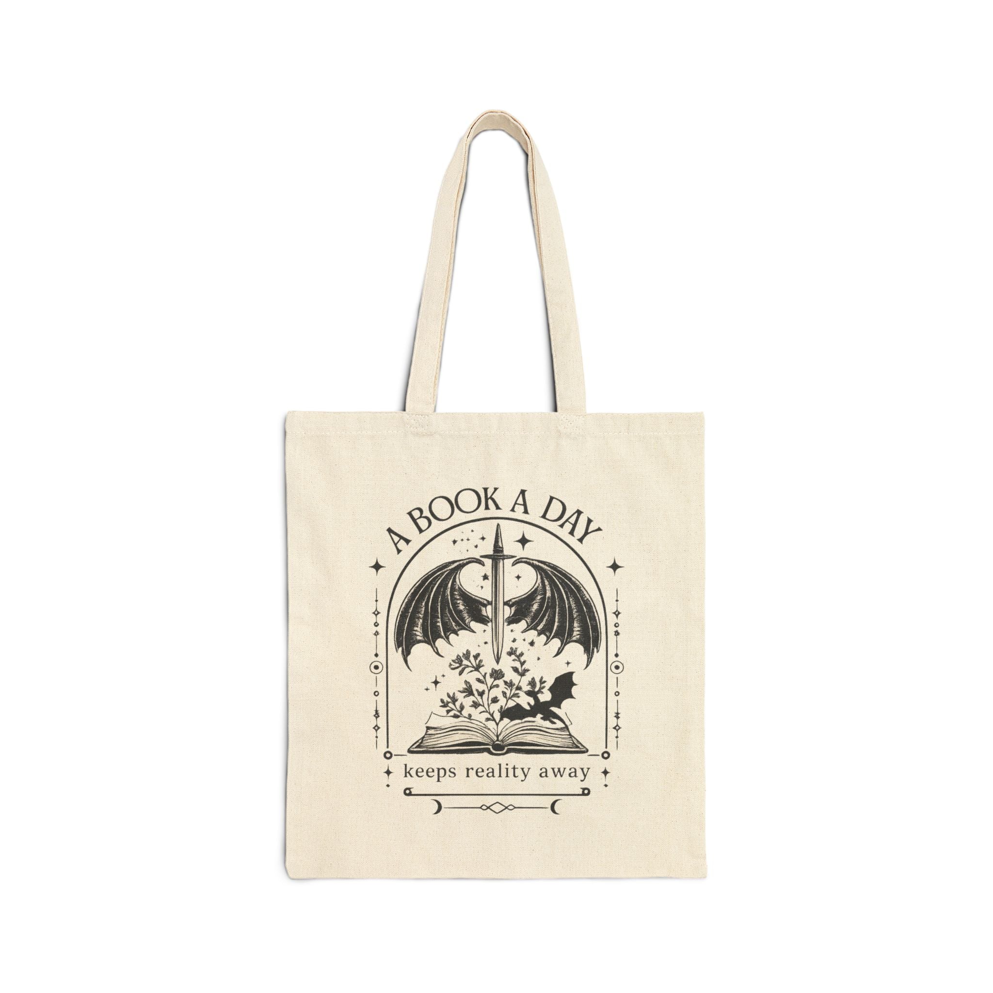 A Book a Day Keeps Reality Away Tote Bag, Fantasy Book Lover Canvas Bag, Gothic Dragon Reader Gift, Dark Academia Bookworm Shopping Tote