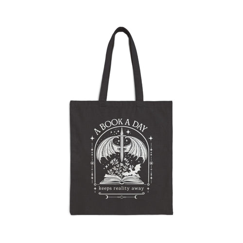 A Book a Day Keeps Reality Away Tote Bag, Fantasy Book Lover Canvas Bag, Gothic Dragon Reader Gift, Dark Academia Bookworm Shopping Tote