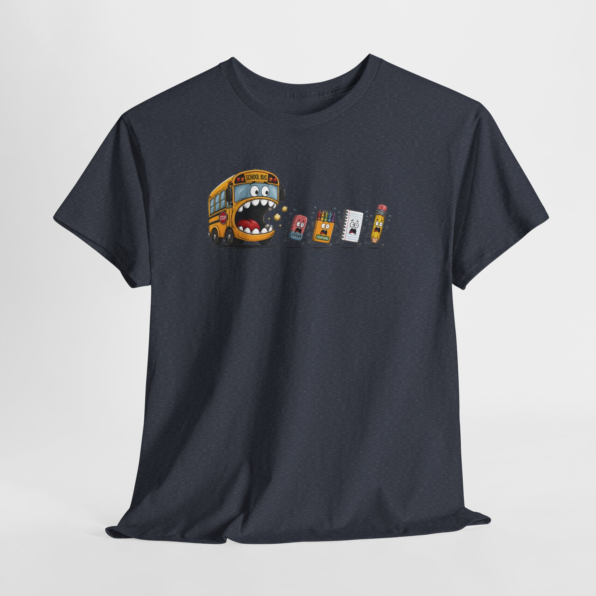 T-Shirt — Funny Snack Attack Graphic Tee (School Bus Eating Kids' Snacks)