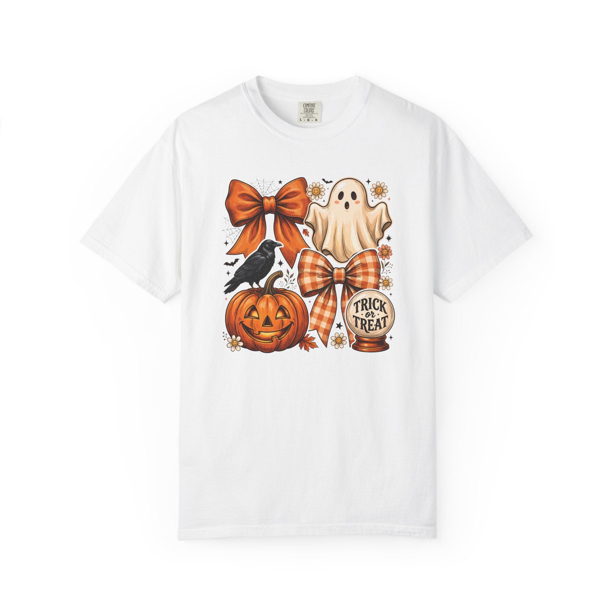 Halloween Cute Ghost & Pumpkin T-Shirt — Trick or Treat Bow Design