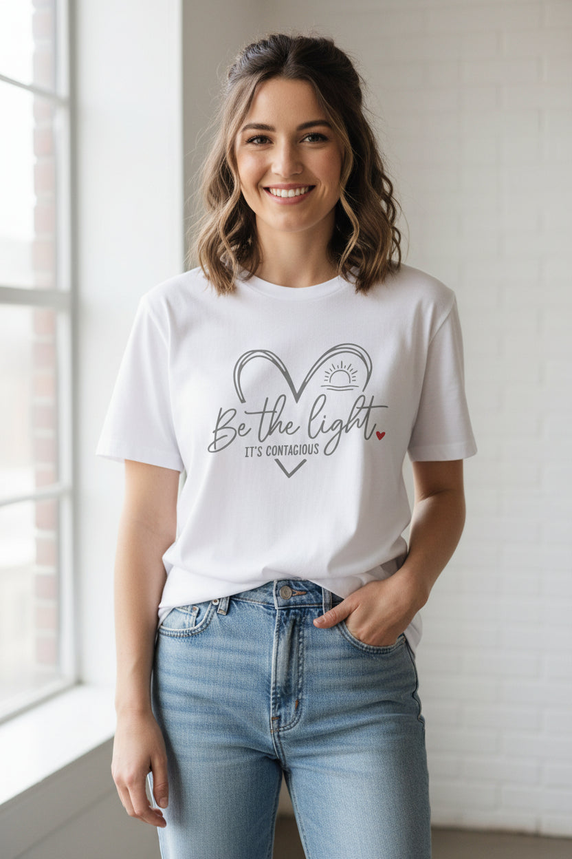 Be The Light T-Shirt — Heart & Sunrise Inspirational Tee (It's Contagious)