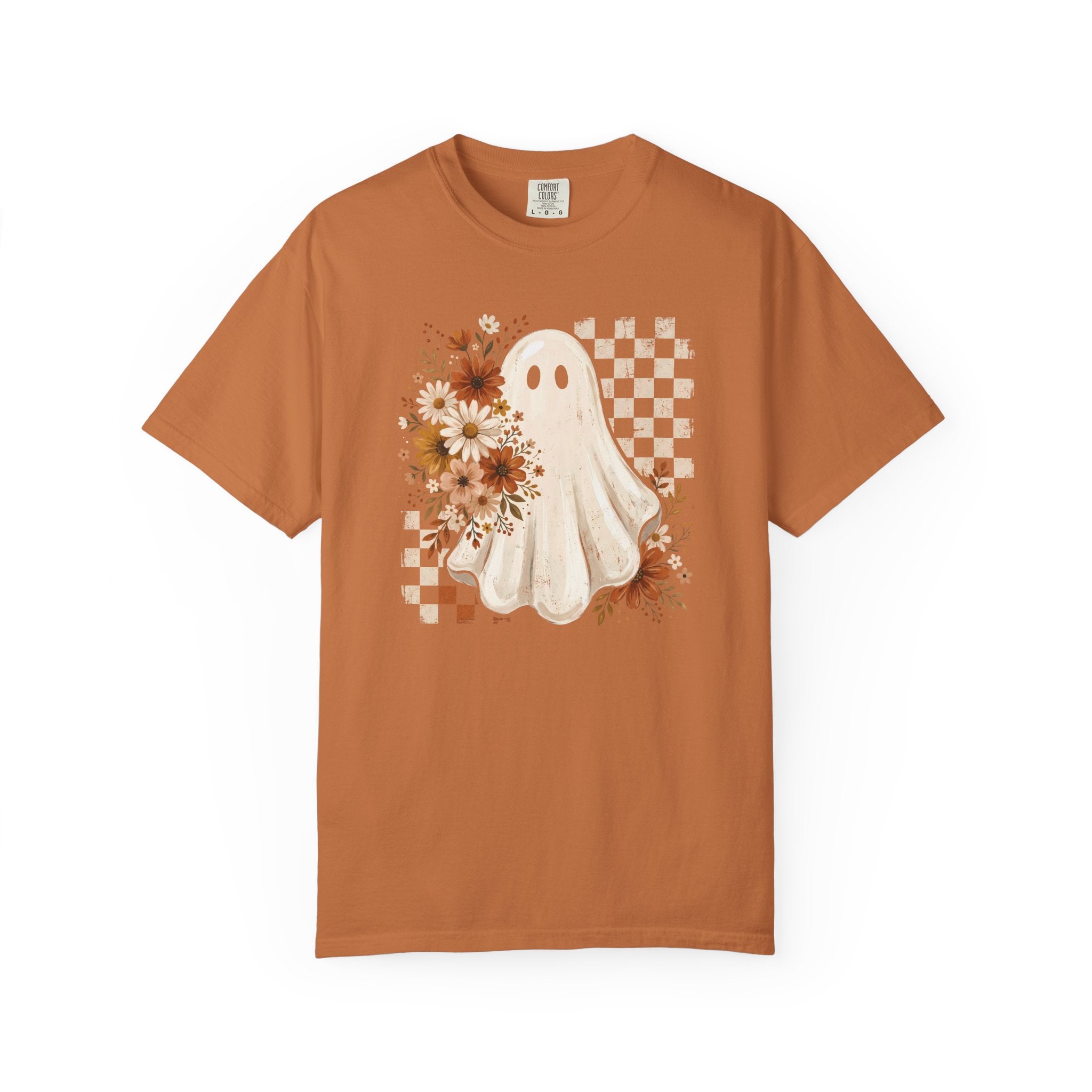 Halloween Floral Ghost T-Shirt — Cute Vintage Checkerboard Fall Tee