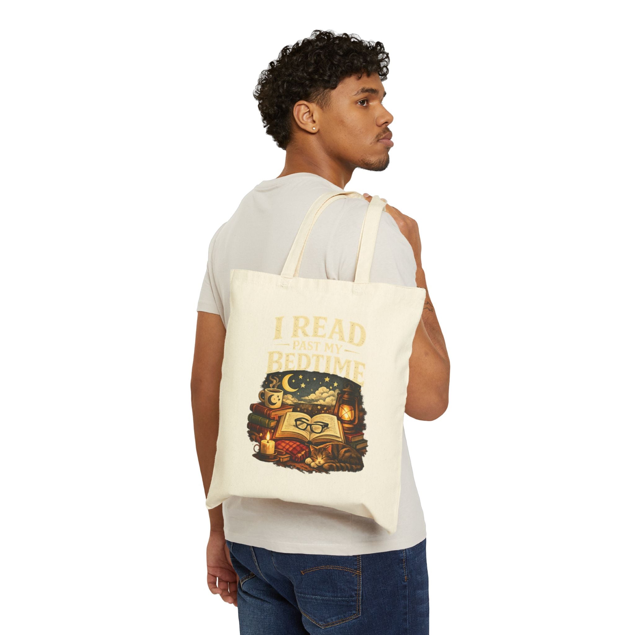 I Read Past My Bedtime Tote Bag | Bookish Nighttime Illustration, Cozy Reading