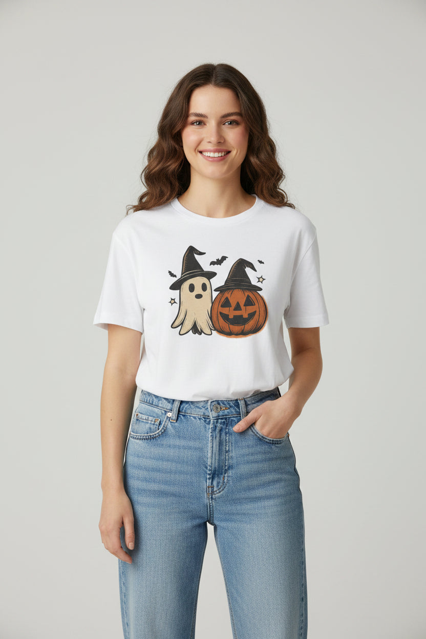 Halloween Ghost & Jack-O'-Lantern T-Shirt — Cute Witch Hat Pumpkin Tee